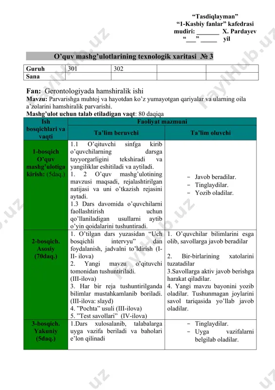 i og’zaki nazorat: savol-javob, yozma nazorat: amaliy topshiriq ( “tasdiqlayman” “1-kasbiy fanlar” kafedrasi mudiri : _______ x. pardayev “___” _____ yil ) o’quv mashg’ulotlarining texnologik xaritasi № 3 guruh 301 302 sana fan: gerontologiyada hamshiralik ishi mavzu: parvarishga muhtoj va hayotdan ko’z yumayotgan qariyalar va ularning oila a’zolarini hamshiralik parvarishi. mashg’ulot uchun talab etiladigan vaqt: 80 daqiqa ish bosqichlari va vaqti faoliyat mazmuni ta’lim beruvchi ta’lim oluvchi 1-bosqich o’quv mashg’ulotiga kirish: (5daq.) 1.1 o’qituvchi sinfga kirib o’quvchilarning darsga tayyorgarligini tekshiradi va yangiliklar eshitiladi va aytiladi. 1. 2 o’quv mashg’ulotining mavzusi maqsadi, rejalashtirilgan natijasi va uni o’tkazish rejasini aytadi. 1.3 dars davomida o’quvchilarni faollashtirish uchun qo’llaniladigan usullarni aytib o’yin qoidalarini tushuntiradi. · javob beradilar. · tinglaydilar. · yozib oladilar. 2-bosqich. asosiy (70daq.) 1. o’tilgan dars yuzasidan “uch bosqichli intervyu” dan foydalanish, jadvalni to’ldirish (i-ii- ilova) 2. yangi mavzu o’qituvchi tomonidan tushuntiriladi. (iii-ilova) 3. har bir reja tushuntirilganda bilimlar mustahkamlanib boriladi. (iii-ilova: …