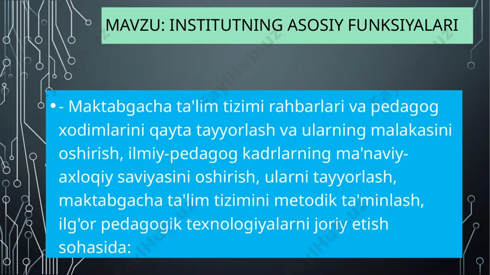 ha tarbiya va boshlang’ich ta`lim mussasasi (bolalar bog’chasi-maktab). tarbiyalanuvchilarni bir yoki bir nechta yo’nalishda (til, badiiy estetik, sport va boshqalar) tarbiyalovchi maktabgacha ta`lim muassasalari. tarbiya jismoniy va ruxiy rivojlanishdagi og’ishlarni kvalifikatsion yaxshilovchi tiklovchi turdagi bolalar bog’chasi. tibbiyot gigiena, profilaktika va sog’lomlashtirish, tadbir va proseduralarini amalga oshiruvchi zaiflashgan bolalarni nazorat qilish va sog’lomlashtirish bog’chasi. birlashtirilgan turdagi bolalar bog’chasi (birlashtirilgan turdagi bolalar bog’chasiga rivojlantiruvchi, tiklovchi va sog’lomlashtiruvchi guruhlar umumlashtirilgan ko’rinishda kiradi). maktabgacha ta`lim muassasasining ish tartibi va u yerda bolalarning bo’lish davomiyligi davlatning maktabgacha ta`lim sifat va darajasiga bo’lgan talablari, nizom, maktabgacha ta`lim muassasasi va ota-onalar orasida tuzilgan shartnoma, hamda ta`sischilar tomonidan belgilanadi. imkoniyatlari cheklangan bolalar uchun maxsus maktabgacha ta`lim muassasalari tashkil qilingan bo’lib, u yerga bolalar davlatning joylardagi vakolatli ta`limni boshqarish va sog’liqni saqlash organlari tarafidan tashkil qilingan ruhiy-tibbiy pedagogik komissiyaning xulosasiga binoan qabul qilinadi. maktabgacha ta`lim, olinish shakli va usullaridan qat`iy nazar, quyidagi maqsadlarni o’z oldiga qo’yadi: maktabgacha ta`lim maqsad …