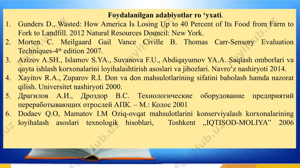 an holda yoki tuproqqa ko‘mib saqlagan. shu usul bilan yovvoyi hayvonlardan saqlangan holda yog’ingarchilikdan isrof bo‘lishiga yo‘l quyilmagan. mamlakatimizning turli hududlarida olib borilgan arxeologik qazishmalar qishloq xo‘jaligi mahsulotlarini saqlash usullarini qo‘llash quldorlik davridanoq boshlanganidan dalolat beradi. tadqiqotlar olib borilgan joylardan mahsulotlar saqlanadigan ko‘za va boshqa har xil shakldagi idishlar topilgan. markaziy osiyo, jumladan, o‘zbekistan hududida qishloq xo‘jaligi mahsulotlarini saqlash va qayta ishlashga qadimdan katta e’tibor berib kelinadi. mamlakatimizning turli hududlarida olib borilgan arxeologik qazishmalar qishloq xo‘jaligi mahsulotlarini saqlash usullarini qo‘llash quldorlik davridanoq boshlanganidan dalolat beradi. tadqiqotlar olib borilgan joylardan mahsulotlar saqlanadigan ko‘za va boshqa har xil shakldagi idishlar topilgan. markaziy osiyo, jumladan, o‘zbekistan hududida qishloq xo‘jaligi mahsulotlarini saqlash va qayta ishlashga qadimdan katta e’tibor berib kelinadi. qishloq xo‘jaligi mahsulotlarini saqlash va qayta ishlash xususidagi ma’lumotlar ix-xii asrlarga oid ilmiy manbalarda batafsil bayon etilgan. ibn al-xaysam (965-1095), ibn xatibar roziy (1149—1209), ibn rashta (xii asr), ibn xommar (942 yilda tugilgan), muhammad …