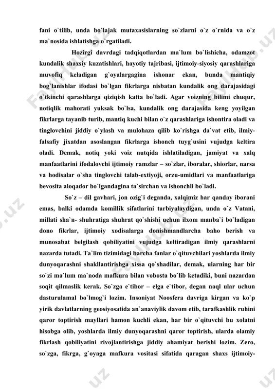 so`zi ma`lum ma`noda mafkura bilan vobosta bo`lib ketadiki, buni nazardan soqit qilmaslik kerak. so`zga e`tibor – elga e`tibor, degan naql ular uchun dasturulamal bo`lmog`i lozim. insoniyat noosfera davriga kirgan va ko`p yirik davlatlarning geosiyosatida an`anaviylik davom etib, tarafkashlik ruhini qaror toptirish mayllari hamon kuchli ekan, har bir o`qituvchi bu xolatni hisobga olib, yoshlarda ilmiy dunyoqarashni qaror toptirish, ularda olamiy fikrlash qobiliyatini rivojlantirishga jiddiy ahamiyat berishi lozim. zero, so`zga, fikrga, g`oyaga mafkura vositasi sifatida qaragan shaxs ijtimoiy-siyosiy jihatdan salmoqli so`zlar orqali yoshlarda istiqlol va taraqqiyot uchun kurash, fidoyilik namunalarini ko`rsatish ishtiyoqlarini rivojlantirgan bo`ladi. «ta`lim» va «ta`lim tizimi» tushunchalarida ayniyat va tafovut mavjud. ayniyat shundaki, yosh avlodga, umuman odamzotga ta`lim berish bilan ota-onalardan tortib, qarindosh-urug`, yoru-birodar, do`stlar – boringki, muayyan jamoa va jamiyatga uyushgan individlarning barchasi ishtirok etadi. o`zbeklarda «bitta bolaga yetti mahalla axli ota-ona»degan xikmatli so`z tarixan qaror topganligi bejiz emas. chunki tarbiya ko`rgan, jamiyatda yashash ko`nikmalarini o`zida hosil etgan insonlar …