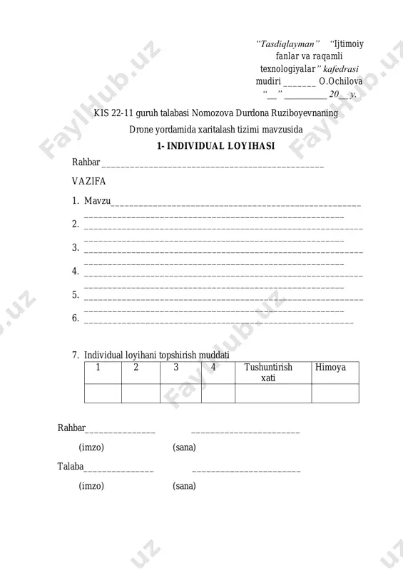 ___________________________ _______________________________________________________ 2. ishning bo`limlariga tavsif ___________________________________ _________________________________________________________ 3. ishning ijobiy tomonlari _____________________________________ _______________________________________________________ 4. ishning salbiy tomonlari _____________________________________ _______________________________________________________ xulosalar ________________________________________________ _______________________________________________________ taqrizchi ________________________________________________ _______________________________________________________ (imzo, familiyasi, ismi, sharifi) “___” ______________ 20__ yil mavzu: drone yordamida xaritalash tizimi munadarija kirish………………………………………………………………………..……..... 3 i bob. nazariy asoslar va texnologik imkoniyatlar 1.1.§ drone texnologiyasi haqida umumiy ma’lumot …………………………..….…...5 1.2.§ xaritalashning asosiy tushunchalari (gis, topografiya, ortofoto, 3d xarita)...........8 1.3.§ dronlar yordamida xaritalashning afzalliklari …………………..….....................13 ii bob. amaliy qism – dron yordamida xarita tuzish jarayoni 2.1. § loyihaning texnik vositalari: dron modeli, kamera/rasmga olish tizimi, kompyuter va dasturiy ta’minot (pix4d, dronedeploy, qgis va h.k.) ……..…..……16 2.2.§ uchar missiyani rejalashtirish …..………………………………………….........19 2.3.§ dronni uchirish va rasmga olish (field work) ………………….……………......22 iii bob. loyihaning natijalari va tahlil 3.1 loyihaning amalga oshirilgan natijalari …..……………...……………..…….......26 3.2.§ xaritaning aniqligi va sifati bo‘yicha tahlil ……..……………………………...28 3.3.§ texnik va amaliy muammolar, ularni hal qilish usullari ……...............................31 xulosa ………………………………………………………………….…………...33 foydalanilgan adabiyotlar……………………………………….........34 3 …