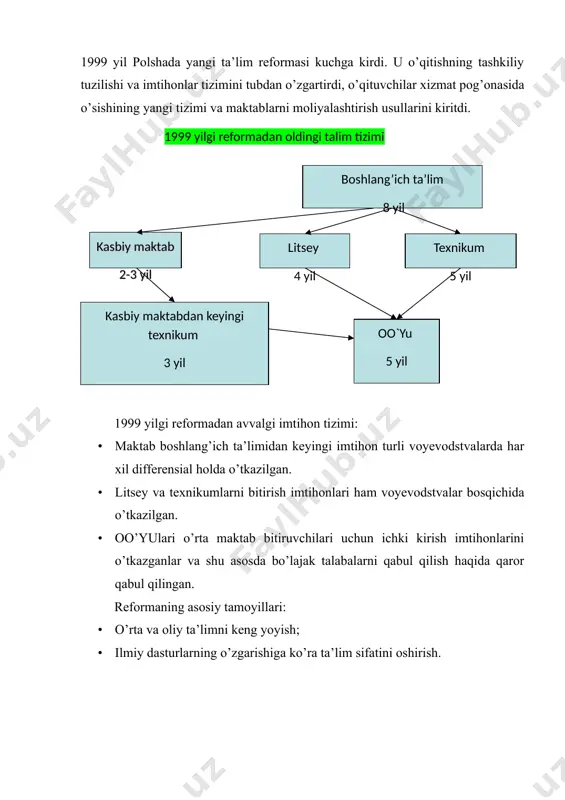 hilar uchun doimiy dotatsiyalarni oladilar. · xususiy maktablar ochish imkoniyatlari bor, bunda shaxsiy pul mablag’laridan tashqari davlat dotatsiyasini ham olish mumkin. · maktablar ustidan pedagogik nazoratni kuratoriyalar amalga oshiradilar. boshlang’ich maktab · majburiy bir yillik maktabgacha tayyorgarlik: bog’chada yoki maktabda. · bolalar 7 yoshdan o’qishni boshlashadi. · o’qish 6 yil davom etadi va imtihon bilan yakunlanadi. · o’qish ikki bosqichda bo’ladi: 1. birinchi bosqich 1-3-sinflarni qamrab oladi.o’qituvchi o’quv dasturini o’quvchilarning o’zlashtirish imkoniyatlaridan kelib chiqib amalga oshiradi. 2. ikkinchi bosqich 4-6-sinflarni o’z ichiga oladi, o’qitilayotgan fanlar an’anaviy va blokli fanlarga bo’linadi. bunda polyak tili, tarix, matematika, chet tili kabilar an’anaviy o’quv fanlariga, ximiya, biologiya, geografiyani o’zida birlashtiruvchi tabiat fani blokli fanlarga kiradi. dars 45 minut davom etadi. o’quvchi maktabni 6-sinfdan keyin majburiy imtihonlarni topshirish bilan yakunlaydi. gimnaziya · ta’lim 3 yil davom etadi. · gimnaziya 3 bosqichli imtihon topshirish bilan yakunlanadi: gumanitar fanlar bo’yicha, matematika va tabiat bo’yicha, chet tili bo’yicha. …