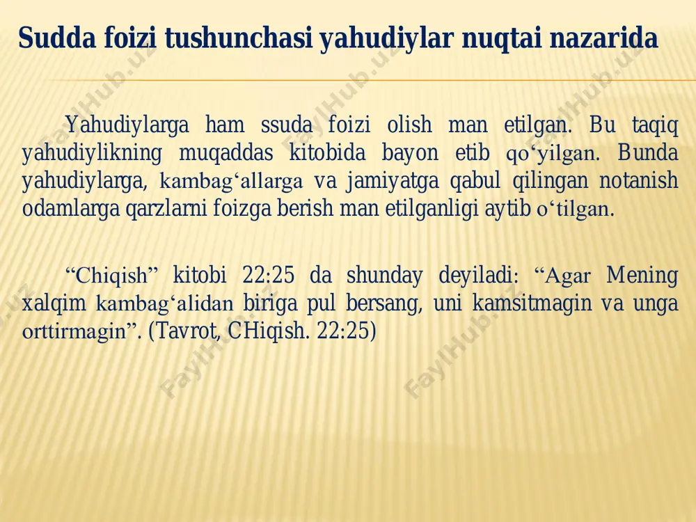 robar qilib yemang. allohga taqvo qiling, shoyadki najot topsangiz. va kofirlar uchun tayyorlab qo‘yilgan olovdan qo‘rqing. allohga va rasuliga itoat eting. shoyadki rahm qilinsangiz”. ibn umar roziallohu anhu rivoyat qiladilar: “rasululloh sollallohu alayhi vasallam bunday deb marhamat qildilar: “tillani tillaga (yoxud tillani kumushga yoki kumushni kumushga) sotish ikki tomon bir-birlariga o‘z tillari bilan: “ol”, – demasalar va bir-birlarining mollarini (tilla yoki kumushlarini) qo‘llariga olmasalar, sudxo‘rliqdur (poraxo‘rliqdur). bug‘doyni bug‘doyga sotish ikki tomon bir-birlariga o‘z tillari bilan: “ol”, – demasalar va bir-birlarining mollari qo‘llariga olmasalar, sudxo‘rlikdur. xurmoni xurmoga sotish ikki tomon bir-birlariga o‘z tillari bilan: “ol”, – demasalar va bir-birlarining mollarini qo‘llariga olmasalar, sudxo‘rlikdur. arpani arpaga sotish ikki tomon bir-birlariga tillari bilan: “ol”,– demasalar va bir- birlarining mollarini qo‘llariga olmasalar, sudxo‘rlikdur”. hadislarda riboga qo‘yilgan taqiqlar: riboning tasniflari islomgacha bo‘lgan ribo musulmon yozuvchilari o‘rtasida ribo al-johiliya nomi bilan ham mashhur. johiliya ribosi amaliyotda qarz miqdorining qarz yuzaga kelgan davrdan yoki qarz to‘lov muddati …