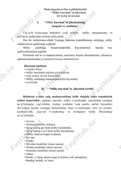 “milliy burchak”ni jihozlash bo‘yicha tavsiyalar — DOCX