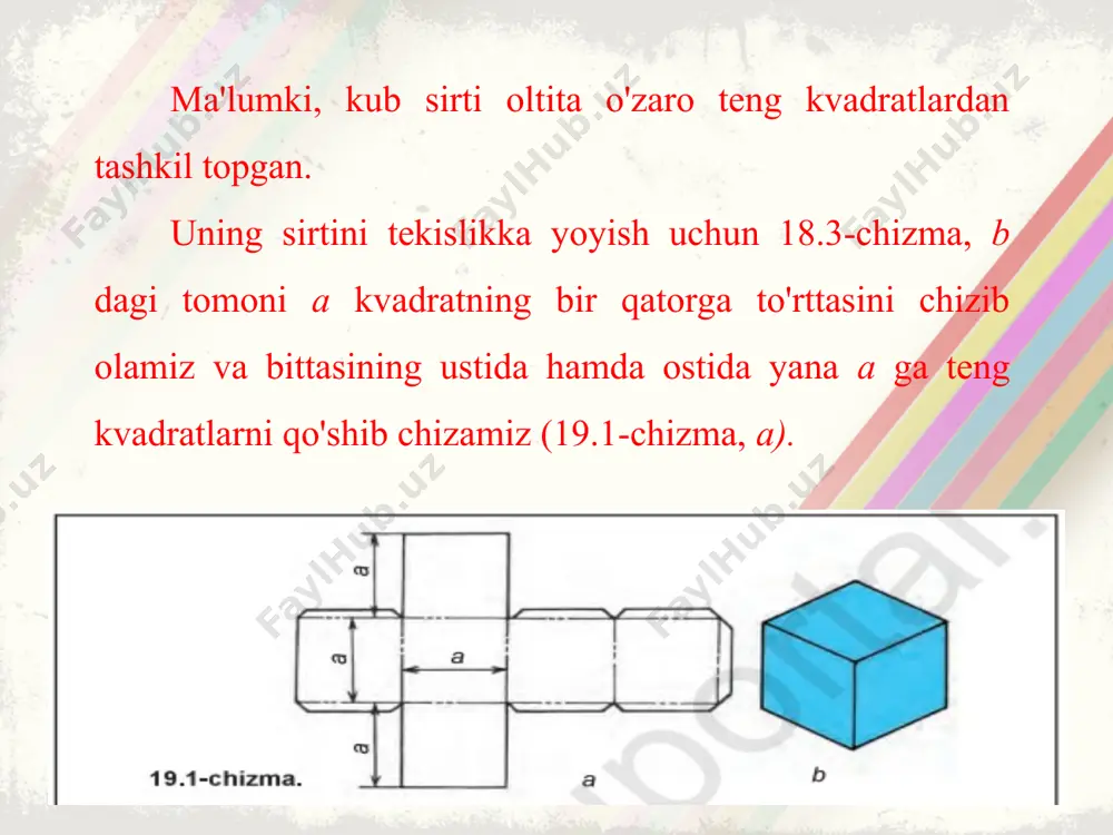 i, besh-burchakli, oltiburchakli asosga ega bo'lgan muntazam ko'pyoqliklarga kiradi. asosi kvadrat piramida 20.8-chizmadagidek proyeksiyalar tizimiga joylashtirilsa, h tekisligiga kvadrat, boshqa tekisliklarga uchburchak ko'rinishida proyeksiyalanadi. 20.7-chizma. 20.8-chizma. h dagi kvadratning burchaklari orqali o'tgan diagonallari piramida uchi bilan tutashgan qirralarining gorizontal proyeksiyalari hisoblanadi. piramidaning yoqlari o'zaro kesishganda hosil bo'lgan joylari (chiziqlar) qirralari, qirralari orasidagi tekis joylar (uchburchak va asosining shakliga qarab ko'pburchak) yoqlar, qirralari o'zaro kesishgan joy (nuqta) uchlari deyiladi.
