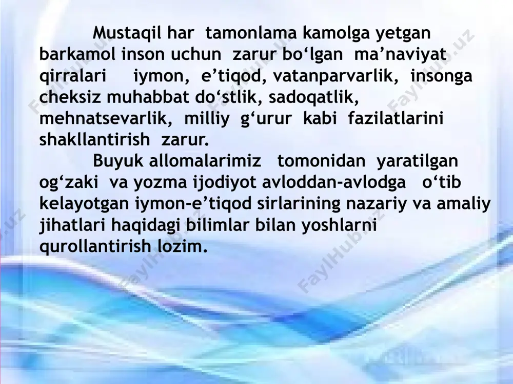 ki ijodi namunalaridagi xalq eposlari, ertak, maqol va topishmoqlardan boshlangan. mana shunday ertaklardan biri “aql va boylik” ertagidir . bunda chol tort o’g’liga qarata “kim aqlli va davlatmand bo’lsa o’sha oila boshlig’i bolib qoladi” , degan so’zlariga o’g’illaridan biri zumrat ko’zli oltin uzugi , ikkinchisi zarbof cho’ponini, uchinchisi esa qimmatbaho kamarini ko’rsatadi. kenja o’g’li esa otasining savoliga “ menda zumrat ko’zli uzuk ham, zarbof cho’pon ham, qimmatbaho kamar ham yo’q . lekin mehnatkash qo’lim, botir yuragim, aqlli boshim bor “ – deydi va otasi uni oila boshlig’i qilib , uy - ro’zg’orini meros qoldiradi. ko’rinib turibdiki xalq , bu ertak vositada yoshlarga insonni hayotda baxtli qila oladigan narsa mehnat degan g’oyani ilgari surgan. faqat ertaklarda emas, xalq maqollarida ham mehnatsevarlik mehnatda hamkarlik, mehnatning insonni baxtli – saodatli qilishi ifodalangan. masalan: daryo suvini bahor toshirar inson qadrini mehnat oshirar * * * oltin o’tda bilinar odam mehnatda kabi maqollar shular jumlasidandir. …
