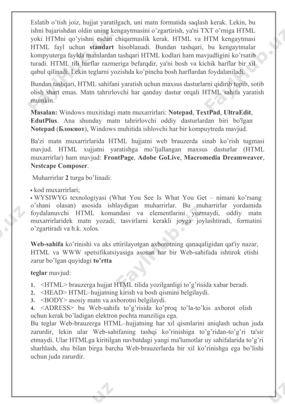 anglatishi bildiradi. aslida esa hujjat oddiy matnli ascii-faylidir. bu teglarsiz brauzer hujjati formatini aniqlab, tarjima qila olmaydi. ko’pincha bu teg parametrga ega emas. html 4.0 versiyasiga qadar version parametri mavjud edi. html 4.0 da esa version o’rniga parametri paydo bo’ldi. yodga olishimiz lozim, 1997 yil iyun oyida html–standartining 4.0 versiyasi e'lon qilindi va 1997 yil dekabrida rasmiy standartga aylandi. bugun bu qabul qilingan (yuqorida aytib o’tganimizdek) standartlarning eng oxirgisidir. umuman, html hujjat standart hisoblanishi uchun yana prolog (muqaddima) ham kerak. hujjatga qanday ishlov berishiga qarab u o’rnatiladi. prolog quyidagi ko’rinishga ega: prolog bu maxsus ko’rinishga ega bo’lgan yolg’iz teg. bu teg ochuvchi oldida html– hujjatning eng oldiga o’rnatiladi va html 4.0–spetsifikatsiyasiga qat'iy mos kelgan holda rasmiylashtirilgan hujjat hisoblanadi. html – hujjatga prologni o’rnatish–bu wzs talabidir, (internetdagi ko’pchilik html hujjatlarda prolog qo’yilmaydi). html 4.0 spetsifikatsiyasida monitor ekranida taqdim etilgan ta'rifdan hujjat strukturasi ta'rifini ajratish asosiy (ключeвой) g’oyaga aylandi. tajriba ko’rsatishi bo’yicha …