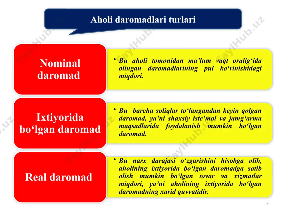 gi farqlar. davlatning ijtimoiy siyosati bu tegishli markazlashgan daromadlarni tabaqalashgan soliq solish yo‘li bilan shakllantirish va uni byudjet orqali aholi turli guruhlari o‘rtasida qayta taqsimlashga qaratilgan, ya’ni davlatning daromadlar taqsimotidagi tengsizlikni yumshatishga va bozor iqtisodiyoti qatnashchilari o‘rtasidagi ziddiyatlarni bartaraf qilishga yo‘naltirilgan siyosatdir. 18 3. davlatning ijtimoiy siyosati. ijtimoiy tanglikni yumshatish usullari 19 ijtimoiy to‘lovlar bozor narxlarini o‘zgartirish ish haqining eng kam darajasini belgilash o‘zbekistonda aholini ijtimoiy himoyalash bo‘yicha chora-tadbirlar 20 1-yo‘nalish narxlar erkinlashtirilishi va pulning qadrsizlanish darajasi ortib borishi munosabati bilan daromadlarning eng kam va o‘rtacha darajasini muntazam oshirib borish. 2-yo‘nalish ichki iste’mol bozorini himoya qilish, hamda oziq-ovqat mahsulotlari va nooziq-ovqat mollari asosiy turlari iste’molini muayyan darajada saqlab turish. 3-yo‘nalish aholining kam ta’minlangan tabaqalarini ijtimoiy himoyalash va qo‘llab - quvvatlash borasida kuchli chora-tadbirlar o‘tkazish. pensiya bilan nafaqaning farqi pensiya – qonun tomonidan kafolatlangan va fuqarolarni keksaligida, qisman yoki to‘liq mehnatga layoqatsizligi, boquvchisini yo‘qotganda hamda mehnat faoliyatining muayyan sohasida ma’lum ish …
