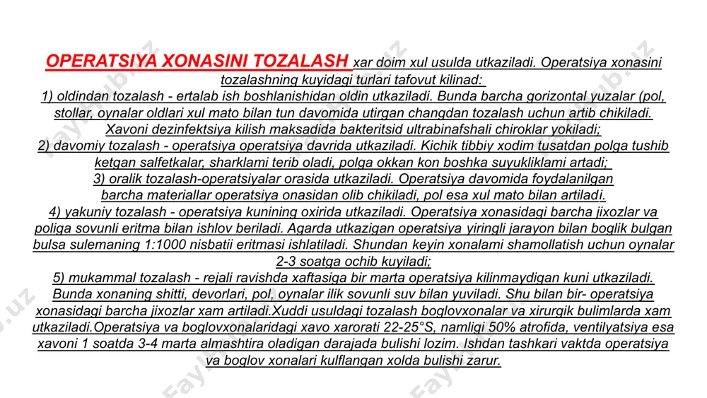 ukimalardagi xarorat bir necha yuz gradusga etadi. tukimalarda kuzatiluvchi uzgarishlar termik kuyishni eslatadi; tukimlarda paydo buladigan «portlash samarasi» - «zarba okimi» kattik va suyuk moddalarning bir laxzali gaz xolatiga utishi natijasida sodir buladi. buning natijasida esa xujayra va tukima ichi bosimi keskin oshadi, lazer nurlari yukori energiyasi tukimalarda elektr maydoni paydo bulishiga olib kelib, elektr kursatkichlarini, solishtima ogirligi, dielektrik utkazuvchanlik va boshkalami uzganshi kurinishida elektrokimyoviy samaraga sabab buladi. natijada tukimalar yuzasida steril koagulyatsion parda paydo bulib, toksinlarni surilishiga va infektsiyaning tarkalishiga tuskinlik kiladi.fizioterapiya, lazer bilan davolash, jaroxatni ufo, darsonvalizatsiya kilish.past energiyali lazer atayin tukimalardagi reaktsiyalari uzgartiradi. lazerkizil va infrakizil nurlanishga sezgir kimyoviy reaktsiyalaming optik katalizatori rolini uynaydi. kimyoviy antiseptika galoidlar va oksidlovchilar antibacterial ta'siri kimyoviy moddalarning bakteriya juxujayrasi vodorod atomlari bilan birikishiga va ular protoplazmasi oksillarining denaturatsiyasiga asoslangan. yod tindirmasi (tinctura jodi) 5-10% (siprtli) kontsentratsiyada operatsi- ya maydoni terisiga, jaroxat atrof terisiga va xirurg kuliga (oshlash usuli)ishlov berish uchun ishlatiladi. …