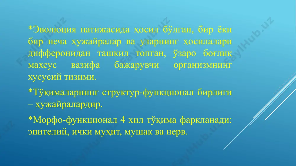 а) кўп қаватли ясси мугузланадиган эпителий – эпидермис (гематоксилин-эозин) кўп қаватли ясси мугузланмайдиган эпителий – кўзнинг мугуз пардаси (гематоксилин-эозин) кўп қаватли ясси мугузланмайдиган ва мугузланадиган эпителий солиштирма тавсифи (гематоксилин-эозин) кўп қаватли ўзгарувчан эпителий – сийдик найи (гематоксилин-эозин) сийдик қопининг ўзгарувчан эпителийси: икки ва ундан кўп ядроли юза қават ҳужайралари (қора стрелка), эпителий орасидаги ва бириктирувчи тўқима лимфоцитлари (кўк стрелка) безларнинг тузилиш турлари: 1 – оддий найсимон, 2 – оддий алвеоляр, 3 – оддий найсимон тармоқланган, 4 – оддий альвеоляр тармоқланган, 5 – мураккаб альвеоляр найсимон тармоқланган якка бўлиб жойлашган экзокрин ҳужайралар қадаҳсимон ҳужайра мураккаб альвеоляр - найсимон тармоқланган без безларнинг охирги (секретор) бўлимлари простата бези қалқонсимон без безларнинг охирги бўлимлари i – сероз ii – шиллиқ iii – аралаш 1 – сероцит 2 – мукоцит 3 – сероз яримойсимон ҳужайралар 4 – ацинус тирқиши секреция турлари: i – мерокрин, ii – микроапокрин, iii – макроапокрин, iy - голокрин image1.jpeg image2.jpeg …