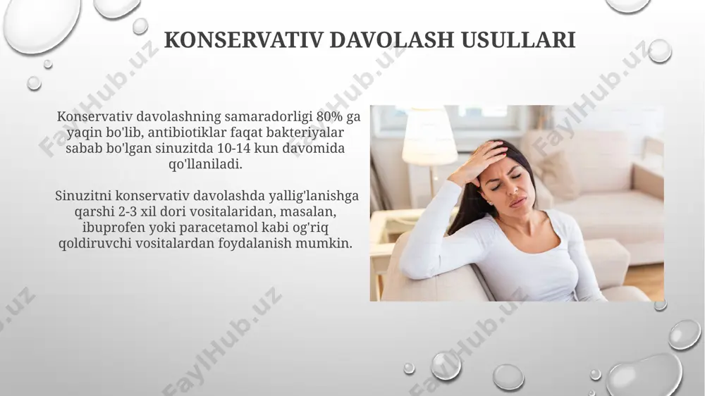 amrog'ida yallig'lanish jarayoni bosh suyagiga tarqalib, seroz meningit yoki abstsess kabi xavfli asoratlarga olib keladi. sinusitga chalingan bemorlarning 30% dan ortig'ida asoratlar kuzatiladi, bu esa o'tkir sinusitning surunkali shaklga o'tishiga olib kelishi mumkin. sog'lom turmush tarzi sog'lom turmush tarzining bir qismi sifatida kuniga kamida 7-8 soat sifatli uyqu olish, immunitet tizimini mustahkamlash va sinusit xavfini kamaytirishga yordam beradi. muntazam jismoniy mashqlar, masalan, haftada kamida 3 marta 30 daqiqalik yengil yurish, qon aylanishini yaxshilaydi va sinuslarning tozalash jarayonlarini optimallashtiradi. e'tiboringiz uchun rahmat @taqdimot_robot image3.png image4.jpg image5.jpg image6.jpg image7.jpg image8.jpg image9.jpg image10.jpg image11.jpg image12.jpg image13.jpg image14.jpg image15.jpg image16.jpg image17.jpg image18.jpg image19.jpg image20.jpg image1.png