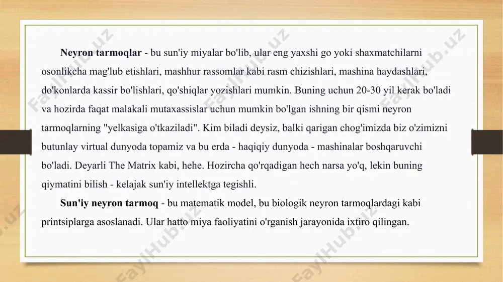 on tarmoqlari sun'iy neyron tarmoqlar ostida o'z-o'zini o'rganish qobiliyatiga ega bo'lgan hisoblash tizimlarini tushunish, ularning ish faoliyatini bosqichma-bosqich oshirish odatiy holdir. neyron tarmog'i tuzilishining asosiy elementlari: elementar, o'zaro bog'langan birliklar bo'lgan sun'iy neyronlar. sinaps - bu neyronlar o'rtasida ma'lumot yuborish va qabul qilish uchun ishlatiladigan aloqa. signal - uzatilishi kerak bo'lgan haqiqiy ma'lumot. neyron tarmoqlarni qo'llash sun'iy neyron tarmoqlarni qo'llash sohasi har yili kengayib bormoqda, bugungi kunda ular quyidagi sohalarda qo'llaniladi: sun'iy intellektning bir turi bo'lgan mashinani o'rganish. bu millionlab shunga o'xshash vazifalar misolida sun'iy intellektni o'rgatishga asoslangan. hozirgi kunda mashinani o'rganish faol amalga oshirilmoqda qidiruv tizimlari google, yandex, bing, baidu. shunday qilib, biz har kuni google-ga kiritadigan millionlab qidiruvlarga asoslanib, ularning algoritmlari biz qidirayotgan narsani aniq topishimiz uchun bizga eng mos qidiruv natijalarini ko'rsatishni o'rganadi. robototexnikada neyron tarmoqlar robotlarning temir "miyalari" uchun ko'plab algoritmlarni ishlab chiqish uchun ishlatiladi. kompyuter tizimi arxitektorlari parallel hisoblash muammosini hal qilish uchun neyron tarmoqlardan …