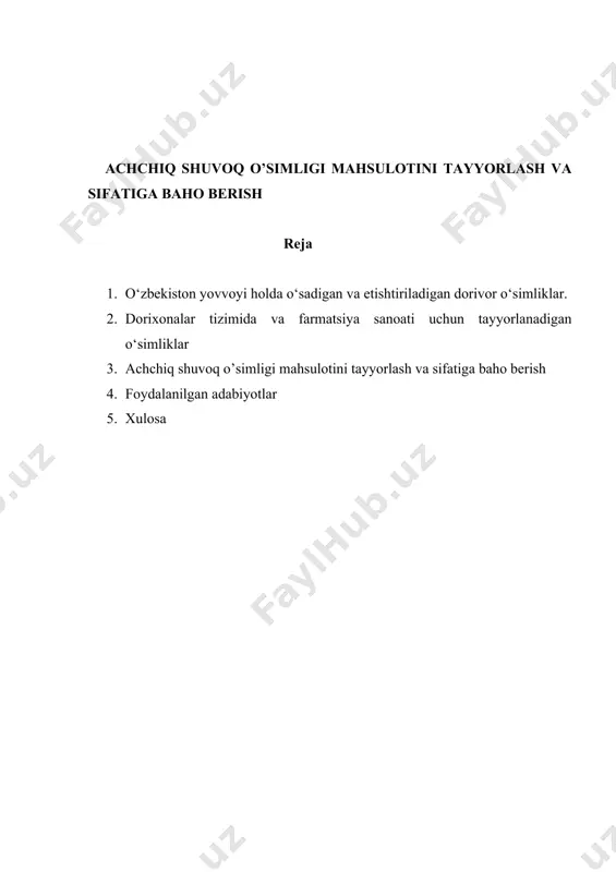 ayyorlash imkoniyati mavjud. o‘zbekiston hududida ma’lumki asosiy qishloq-xo‘jalik ekini paxta hisoblanadi. paxta ekiladigan maydonlarni haddan tashqari kengaytirilishi, shu joylardagi yovvoyi holda o‘suvchi dorivor o‘simliklar zahirasiniqisqarib ketishiga olib keldi. shuning uchun o‘zbekiston florasidagi noyob dorivor o‘simliklar bilan sog‘liqni saqlash tizimini ehtiyojini qondirish uchun, ularni etishtiradigan xo‘jaliklarni tashkil qilish muammosini xal qilish zaruriyati mavjud.mamalakatimizda dorivor o‘simlik mahsulotlariga bo‘lgan xalqimiz ehtiyojini iloji boricha to‘la qondirishning eng zaruriy shart-sharoitlaridan biri – dori vositalarining ro‘yxati (katalog)ning mavjudligidir.bu ro‘yxat ma’lum bir davrda qaytadan ko‘rib chiqiladi: undan samarasi kam bo‘lganlari chiqarib tashlanadi, hamda horijdan keltiriladiganlariga hojat qolmaganlari ham ro‘yxatdan olib tashlanadi; shu bilan birga respublikada ishlab chiqarilayotgan yangi, samarali dori vositalari ushbu ro‘yxatga (katalog) kiritiladi. bu o‘ta muhim ishda farmakognoziya ilmi katta o‘rin tutadi, chunkiamalda qo‘llanilib kelinayotgan dori vositalarining katta bir qismini dorivor o‘simliklar va ularning mahsulotlari tashkil qiladi. vatanimizda dorivor o‘simliklarni keng o‘rganilishi va sanoatda ularni asosida yangi dori vositalarini ishlab chiqarilishini yo‘lga qo‘yilishi natijasida dorivor …