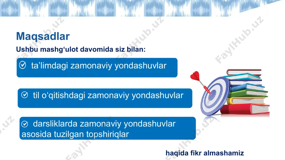 lari, qiziqishlari va imkoniyatlarini hisobga olgan holda tashkil etiladigan ta'lim tizimidir. ushbu yondashuvda o'qituvchi ma'lumot uzatuvchi shaxs emas, balki o'quvchining o'zini o'zi kashf etishi va rivojlanishi uchun sharoit yaratuvchi murabbiy vazifasini bajaradi. loyihaga asoslangan ta'lim — bu oʻquvchilarning real hayotiy muammolarni hal qilishga yoki murakkab savollarga javob topishga qaratilgan uzoq muddatli loyihalar ustida ishlashi orqali bilim va koʻnikmalarni egallaydigan ta'lim usulidir. bu usulda oʻquvchilar passiv tinglovchi emas, balki faol izlanuvchi va ijodkor boʻlishadi. kretivlik, kollobratsiya, kommunikatsiya, kritik (tanqidiy fikrlash) muammoga asoslangan ta'lim (mat) (problem-based learning - pbl) - bu an'anaviy ta'limdan farqli o'laroq, o'quvchilarga ma'lumotni tayyor holda berish o'rniga, ularni real hayotdagi murakkab muammolarni hal qilishga undovchi faol o'qitish usuli. bunda o'quvchilar mustaqil ravishda bilim izlashga va o'rgangan bilimlarini amalda qo'llashga o'rgatiladi. til o‘qitishdagi yondashuvlar tilga qaratilgan grammatikani o‘rganishga qaratilgan o‘rganuvchiga qaratilgan bixevioristik ta’lim o‘rganish jarayoniga qaratilgan kognitiv-pragmatik ta’lim spiralsimon yondashuv farqli yondashuv til o'qitishga oid yondashuv — bu oʻqituvchi …