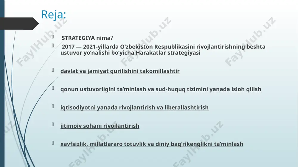 lari hamda ommaviy axborot vositalari rolini kuchaytirish; qonun ustuvorligini ta’minlash va sud-huquq tizimini yanada isloh qilishga yo‘naltirilgan sud hokimiyatining chinakam mustaqilligini hamda fuqarolarning huquq va erkinliklarini ishonchli himoya qilish kafolatlarini mustahkamlash, ma’muriy, jinoyat, fuqarolik va xo‘jalik qonunchiligini, jinoyatchilikka qarshi kurashish va huquqbuzarliklarning oldini olish tizimi samarasini oshirish, sud jarayonida tortishuv tamoyilini to‘laqonli joriy etish, yuridik yordam va huquqiy xizmatlar sifatini tubdan yaxshilash; iqtisodiyotni yanada rivojlantirish va liberallashtirishga yo‘naltirilgan makroiqtisodiy barqarorlikni mustahkamlash va yuqori iqtisodiy o‘sish sur’atlarini saqlab qolish, milliy iqtisodiyotning raqobatbardoshligini oshirish, qishloq xo‘jaligini modernizatsiya qilish va jadal rivojlantirish, iqtisodiyotda davlat ishtirokini kamaytirish bo‘yicha institutsional va tarkibiy islohotlarni davom ettirish, xususiy mulk huquqini himoya qilish va uning ustuvor mavqeini yanada kuchaytirish, kichik biznes va xususiy tadbirkorlik rivojini rag‘batlantirish, hududlar, tuman va shaharlarni kompleks va mutanosib holda ijtimoiy-iqtisodiy taraqqiy ettirish, investitsiyaviy muhitni yaxshilash orqali mamlakatimiz iqtisodiyoti tarmoqlari va hududlariga xorijiy sarmoyalarni faol jalb etish; ijtimoiy sohani rivojlantirishga yo‘naltirilgan aholi bandligi va …