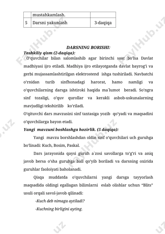 kuchi deyiladi. bosim sirtning birlik yuziga ta’sirqiluvchi kuchni ko’rsatadi, shuning uchun bosim kuchi bosimning tayanch yuzi ko’paytmasiga teng. f=p•s o’quvchilarga bosim tabiatda va texnikada qayerlarda ishlatiladi?- degan savol bilan murojaat etamiz. o’quvchilar javobini tinglab texnikada uchraydigan bosimlar haqida misollar keltiramiz: yengil avtomobil shinasidagi havo bosimi 2-2,5•105 pa metropoliten vagonining pnevmatik sistemasidagi havo bosimi 3•105 pa gussenitsali traktorlarning tuproqqa beradigan bosimi 0,4-0,6•105 pa baland imoratlar asosining bosimi 4,5•105 pa vagon g’ildiraklarining relslarga bosimi 3000•105 pa tiko avtomobilining yo’lga bosimi 1,2•105 pa qudratli yuk avtomobilining yo’lkdagi bosimi 4•105 pa laboratoriya sharoitida olinadigan eng katta bosim 5•1010 pa paralelliped shaklidagi g’ishgtni turli xil vaziyatda rezina asosga joylashtirib turli xil bosim berishini amaliy usulda aniqlaymiz. 3-rasm. tajribada ko’rinib turibtiki qaysi holda g’ishtning asosining yuzi kichik bo’lsa o’shanda bosim katta bolar ekan. o’quvchilardan yana bosimga doir qanaqa misollar keltirish mumkinligi so’raladi. оlgаn bilimlаrni mustаhkаmlаsh: (10 daqiqa) o’quvchilаrning yangi mаvzu bo’yichа оlingаn bilimlаrini mustаhkаmlаsh uchun bir …