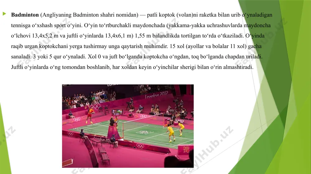 sh muhitda o'z qobiliyatlarini sinab ko'rish imkonini beradi va jamoaviy ruhni rivojlantiradi. badminton nafaqat jismoniy faoliyat, balki ko'ngilochar va ijtimoiy faoliyat sifatida ham katta afzalliklarga ega. badminton o'yin maydoni to'g'ri to'rtburchak shaklida bo'lib, uning o'lchovlari quyidagicha: o'yin maydoni o'lchovlari: 1. umumiy o'lchovlar: – uzunligi: 13.4 metr – kengligi: bitta o'yin uchun: 5.18 metr jamoa o'yinlari (duo) uchun: 6.1 metr 2. tarmoq: – tarmoq maydonning markazida joylashgan va uning balandligi: erkaklar va ayollar uchun: 1.55 metr tarmoq markazida: 1.524 metr 3. maydonning qismalari: – o'yin maydoni: har bir o'yinchiga yoki jamoaga o'z maydonida to'pni urish va qabul qilish uchun joy ajratilgan. – qaytish chiziqlari: har bir maydonning oxirida joylashgan va o'yinchilar to'pni urish vaqtida bu chiziqlardan o'tmasliklari kerak. maydonning tuzilishi: • badminton maydoni ikki qismga bo'lingan: bir tomonda bitta o'yinchi yoki jamoa, ikkinchi tomonda esa raqib. • har bir o'yinchining yoki jamoaning maydoni o'zining qaytish chiziqlari bilan chegaralangan. o'yin davomida: • …