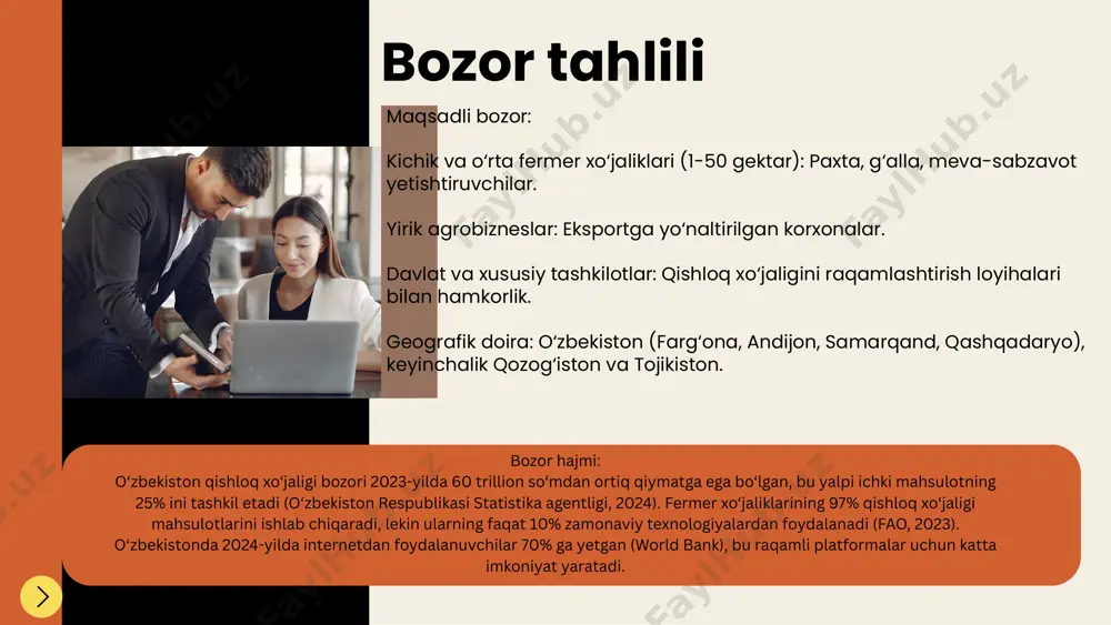 hasi ekspertlari tashkiliy tuzilma: direktor → (it, agronomiya, marketing, moliya) bo‘limlari. moliyaviy reja boshlang‘ich xarajatlar (2 milliard so‘m): platforma va mobil ilova ishlab chiqish: 600 million so‘m (o‘zbekistonda ilova ishlab chiqish narxlari, spot.uz). iot sensorlari va dronlar ishlab chiqarish: 700 million so‘m. marketing (birinchi 6 oy): 400 million so‘m. ofis ijarasi, jihozlar, maoshlar: 300 million so‘m. daromad prognozi: 1-yil: 2,000 fermer × 300,000 so‘m (o‘rtacha obuna) = 7.2 milliard so‘m. 2-yil: 6,000 fermer = 21.6 milliard so‘m. 3-yil: 10,000 fermer = 36 milliard so‘m. eslatma: fermer soni prognozi o‘zbekiston qishloq xo‘jaligi bozorining raqamlashtirish sur’ati (yillik 15%, fao) asosida hisoblangan. xarajatlar prognozi: 1-yil: 5 milliard so‘m. 2-yil: 7 milliard so‘m. 3-yil: 10 milliard so‘m. foyda: 1-yil: 2.2 milliard so‘m. 2-yil: 14.6 milliard so‘m. 3-yil: 26 milliard so‘m. break-even nuqtasi: 1.8 yilda. moliyaviy manbalar: shaxsiy jamg‘arma: 700 million so‘m. investorlar: 1.3 milliard so‘m (25% ulush evaziga). davlat grantlari: it park va qishloq …