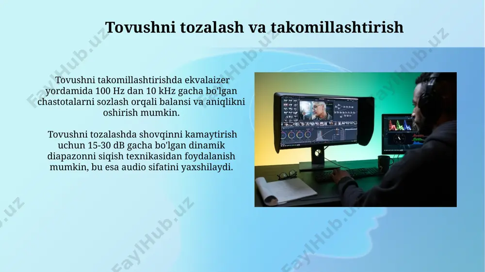 deo materiallarini tayyorlashda 24 fps kabi standart kadr tezligini tanlash, silliq va tabiiy harakatni ta'minlash uchun muhimdir, bu esa tomoshabinlar uchun qulayroq bo'ladi. yuqori sifatli video materiallar olish uchun kamida 1920x1080 piksel (full hd) rezolyutsiyada yozib olish tavsiya etiladi, bu esa keyinchalik tahrirlashda moslashuvchanlikni ta'minlaydi. video tahrirlash dasturlari ko'pgina video tahrirlash dasturlari, audio treklarni ko'p kanalli (5.1 yoki 7.1) audio formatlarida qo'shish va aralashtirish imkoniyatlarini taqdim etadi, bu esa professional sifatli tovushga erishishga yordam beradi. keyingi avlod video tahrirlash dasturlari, sun'iy intellekt texnologiyalarini qo'llab-quvvatlaydi, bu esa videoning avtomatik rang tuzatish, ob'ektni kuzatish va boshqa vazifalarni tezroq bajarishga imkon beradi. ranglarni tuzatish va rang berish ranglarni tuzatishda 3 yo‘nalishli rang balansi (rgb) dan foydalanib, qizil, yashil va ko‘k kanallarini alohida sozlash orqali ranglarning to‘yinganligini va yorqinligini 10% dan 25% gacha o‘zgartirish mumkin. keyframing texnikasi yordamida animatsiyada ranglarning asta-sekin o‘zgarishini yaratish mumkin; masalan, 24 kadr tezlikda 10 soniyali animatsiyada 240 ta kalit …