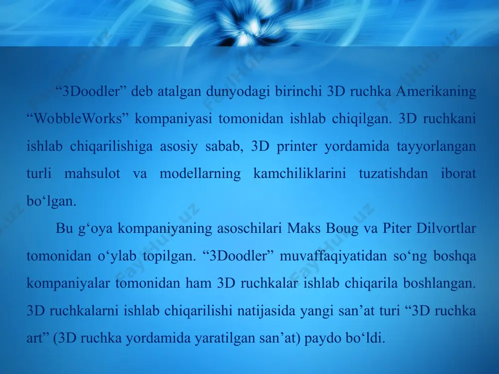 g‘ulot. 3d ruchkadan foydalanib turli geometrik shakllar yasash. jihozlar: issiq 3d ruchka, abs yoki pla plastik, chizg‘ich, qalam, geometrik shakl namunalari. ishni bajarish tartibi: turli geometrik shakllardan birini ixtiyoriy tanlab oling. masalan, konus yoki kub shakllaridan birini (107-rasm). tanlagan geometrik shakl tuzilishining murakkab tomonlarini о‘rganib chiqing. tanlagan geometrik shaklni taxminiy о‘lchamlarini belgilab, tо‘liq holdagi variantini oq qog‘ozga chizing. agar shakl murakkab bо‘lsa, uning о‘xshash tomonlaridan bittasini chizib oling. 3d ruchkadan foydalanib, tanlangan geometrik shakl tomonlarini yasang. yasalgan tomonlarni о‘zaro birlashtirib chiqing. geometrik shakl atroflarini ruchka yordamida tо‘ldiring. xavfsizlik texnikasi qoidalariga amal qilgan holda ishlarni bajaring. 107-rasm. turli geometrik shakl namunalari. servis xizmati yo‘nalishi