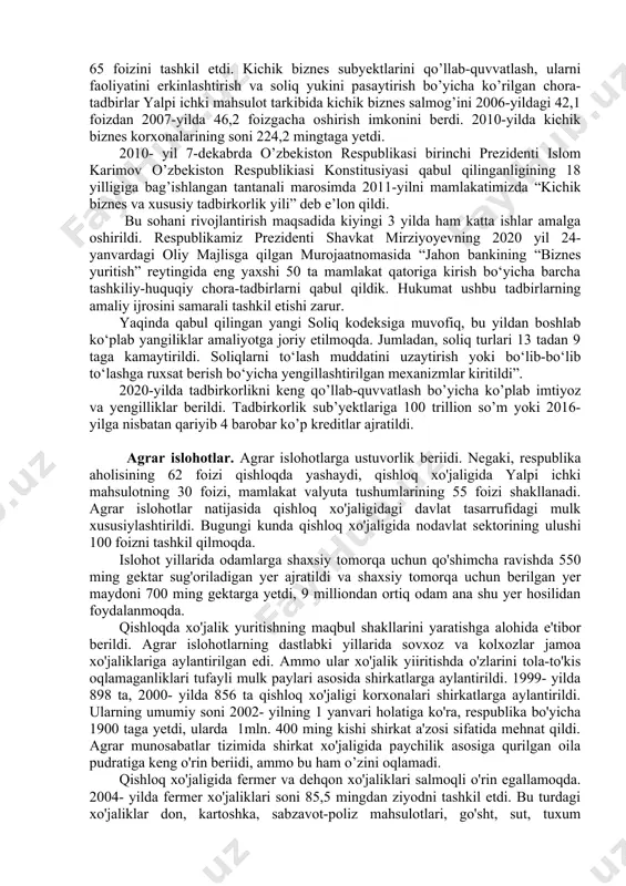yicha 20 dan ortiq maxsus dasturlar ishlab chiqdi va ularni amalga oshirishga boshchilik qildi. xususiylashtirish jarayoni umumiy uy-joy fondini, savdo, mahalliy sanoat, xizmat ko'rsatish korxonalarini, qishloq xo'jalik mahsulotlarini tayyorlovchi xo'jaliklarni davlat tasarrufidan chiqarishdan boshlandi. bu jarayon «kichik xususiylashtirish» deb nom oldi. kichik xususiylashtirish 1994 yilda tugallandi. davlat ixtiyorida bo'lgan bir milliondan ortiq kvartira yoki davlat uy-joy fondining 95 foizdan ortiqrog'i fuqarolarning xususiy mulki bo'lib qoldi. bunda har 3 kvartiraning bittasi egalariga imtiyozli shartlar bilan yoki bepul berildi. urush faxriylari, o'qituvchilar, tibbiyot xodimlari, ilmiy xodimlar va ijodiy ziyolilarga kvartiralar bepul berildi. 2002-yilga qadar respublika uy-joy fondining 98 foizga yaqini xususiylashtirildi. davlatga qarashli mulkni, korxonalarni xususiylashtirishga davlatning o'zi tashabbuskor bo'ldi va boshchilik qildi. davlat mulkini xususiylashtirish boshlangandan keyin to 1994- yil oxirigacha 54 mingga yaqin korxona va ob’yekt davlat tasarrufidan chiqarildi. shularning 18,4 mingtasi xususiy mulkka, 26,1 mingtasi aksiyadorlik, 8,7 mingtasi jamoa, 661 tasi ijara korxonalariga aylandi. 1994-yil 21-yanvarda e'lon qilingan «iqtisodiy …