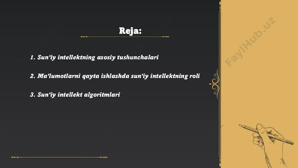 amonaviy texnologiyalar asosida ishlaydi va katta hajmdagi ma'lumotlarni qayta ishlay oladi. ular turli ma'lumotlar to'plamini tahlil qilish uchun ishlatiladi, jumladan, tasvirlarni tanish, nutqni tushunish va tabiiy tilni qayta ishlash. mashinani o'qitish algoritmlari orasida eng keng tarqalganlari — chuqur o'rganish, k-means klasterlash, va regressiya turlari kiradi. chuqur o'rganish da-tasi aniqdir va 1 milliondan ortiq neyron tarmoqlaridan tashkil topgan modellarni yaratish mumkin. sun'iy intellekt sohasida markaziy osiyo davlatlari, jumladan, o'zbekiston ham ilgari surilmoqda. 2020-yilda sun'iy intellekt global bozor hajmi 50 milliard dollardan oshgan va 2025-yilga kelib bu raqam 190 milliard dollarga yetishi kutilmoqda. sun'iy intellekt algoritmlarining takomillashishi orqali tibbiyot va avtomatlashtirilgan transport kabi sohalar rivojlanmoqda. ... t.me/slaydai_bot 4. mashinani o'rganish va chuqur o'rganish mashinani o'rganish (ml) va chuqur o'rganish (dl) zamonaviy texnologiyalarning asosiy tarkibiy qismlari hisoblanadi. mashinani o'rganish kompyuterlarga ma'lumotlardan o'zlarini yaxshilab o'rganish imkonini beradi. dl esa mlning bir turidir va asosan sun'iy neyron tarmoqlariga asoslanadi. 2020 yilda, ml va dl texnologiyalari …