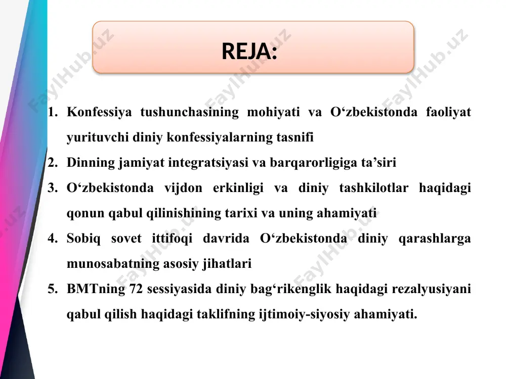 ndan, diniy tashkilotlar 2116 ta, markazlar 15 ta, o‘quv yurtlari 13 tani tashkil etadi. markaziy boshqaruv organi – o‘zbekiston musulmonlari idorasi, manzili toshkent shahri, qoraqalpog‘iston, barcha viloyatlar. 2.dinning jamiyat integratsiyasi va barqarorligiga ta’siri dinning jamiyat integratsiyasi va barqarorligiga ta’siri diniiy bag’rikenhlik tarbiya insonparvarlik qadriyatlar manfaatlar uyg’unligi birlashtirish nazorat qiluvchi axloq me’yorlari 3.o‘zbekistonda vijdon erkinligi va diniy tashkilotlar haqidagi qonun qabul qilinishining tarixi va uning ahamiyati o‘zbekistonda vijdon erkinligi va diniy tashkilotlar haqidagi qonun qabul qilinishining tarixi va uning ahamiyati o‘zbekiston davlatining dunyoviylik, diniy bag‘rikenglik, barcha dinlarga bir xilda munosabat bo‘lish siyosati «vijdon erkinligi» tamoyiliga asoslanadi o‘zbekistonda vijdon erkinligi va diniy tashkilotlar haqidagi qonun qabul qilinishining tarixi va uning ahamiyati ilk marotaba «vijdon erkinligi va diniy tashkilotlar to‘g‘risida»gi qonun 1991­yilda qabul qilingan bo‘lib, 1993 ­yilda kiritilgan ba’zi qo‘shimcha va o‘zgarishlar bilan 1998­yilga qadar amal qilib keldi. davr talablari asosida «vijdon erkinligi va diniy tashkilotlar to‘g‘risida»gi qonunini o‘zgartirish zarurati tug‘ildi va 1998­yil …