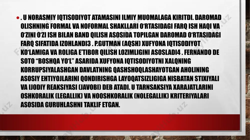n farqli o‘laroq, xufyona iqtisodiy sub’ektlar buzilgan mulkchilik huquqlarini himoyalash yuzasidan davlatga murojaat eta olishmaydi. bunga, shuningdek, kredit olish bilan bog‘liq qiyinchiliklarni ham qo‘shimcha qilish lozim. 3.soliqlar va ish haqiga hisoblab yozishlardan bosh tortish bilan bog‘liq xarajatlar. daromad solig‘i, ijtimoiy sug‘urta fondiga va pensiya jamg‘armasiga majburiy to‘lovlardan bosh tortish korxonaga ish haqini to‘lashga tejash imkonini beradi, lekin bunda mehnatning o‘rnini sarmoya bilan bosish va texika bilan qayta jihozlashdan manfaatdorlikni pasaytiradi. image3.jpg image4.jpeg image5.jpeg image6.jpeg /docprops/thumbnail.jpeg
