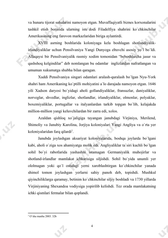 shexandoa vodiysiga yopirilib kelishdi. tez orada mamlakatning ichki qismlari fermalar bilan qoplandi. milliy mustaqillik g`oyasi hali urushdan oldinoq paydo bo`lgan edi va mustamlakalar rivojlanib borgan sari bu g`oya ham mustahkamlanib bordi. keng xalq ommasining eng yaxshi ijtimoiy hayotga erishish yo`lidagi orzu –umidlari mustaqil respublika e`lon qilinishi bilan bog`langan edi. xalqning mustaqillik haqidagi talablari gazetalarda, jurnallarda borgan sari qat`iyroq yangramoqda edi. 1774 yili angliyadan amerikaga kelgan siyosatshunos nazariyachi olim va yozuvchi tomas peyn 1776 yili yanvarida “aql idrok rasoligi” yoki “titik fikr” deb nomlangan 50 betlik risolani nashr etdi. uch oy mabaynida bu risolaning 100 ming nushasi sotilgan. peyn nasliy monarxiya tanqid qilib “jamiiki yashagan tojdor bezorilarga” nisbatan bitta sharif inson jamiyat uchun qadirli bo`lganini tarannum etdi. u ikki muqobil yo`nalishni taqdim etdi-zulmkor qirol va siyqasi chiqqan hukumatga itoat qilmoq yoxut o`z talablarini o`zi qondiruvchi mustaqil respublika asosidagi ozodlik va baxt-saodat. koloniyalar uzra qo`lma-qo`l bo`lib ketgan aql-idrok rasoliga risolasi” angliyadan ayri …