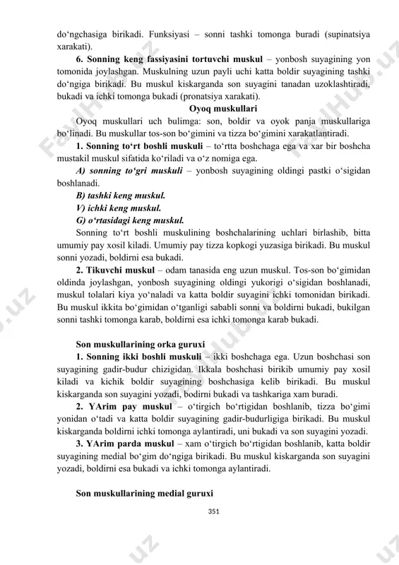 nadan uzoklashtirishda ishtirok etadi. 3. dumbaning kichik muskuli – dumbaning o‘rta muskuli ostida joylashadi. bu muskul yonbosh suyagining tashki yuzasidan boshlanib, son suyagining katta bo‘rtigiga birikadi. u kiskarganda son suyagini tanadan uzoklashtiradi va oyokni yon tomnga bukadi. 4. yopiluvchi tashki muskul – uch burchak shaklga ega, yopiluvchi pardaning tashki yuzasidan boshlanadi va son suyaginingdungacha chukurchasiga birikadi. funksiyasi– son suyagini tashkariga aylantiradi. 5. sonning kvadrat muskuli – tos-son bo‘gimini orka yuzasida joylashgan. kuymich suyagining o‘tirgich do‘ngchasidan boshlanib, son suyagining katta do‘ngchasiga birikadi. funksiyasi – sonni tashki tomonga buradi (supinatsiya xarakati). 6. sonning keng fassiyasini tortuvchi muskul – yonbosh suyagining yon tomonida joylashgan. muskulning uzun payli uchi katta boldir suyagining tashki do‘ngiga birikadi. bu muskul kiskarganda son suyagini tanadan uzoklashtiradi, bukadi va ichki tomonga bukadi (pronatsiya xarakati). oyoq muskullari oyoq muskullari uch bulimga: son, boldir va oyok panja muskullariga bo‘linadi. bu muskullar tos-son bo‘gimini va tizza bo‘gimini xarakatlantiradi. 1. sonning to‘rt boshli …