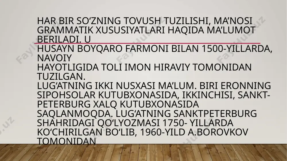 chunki koʻpchilik shoir va yozuvchilar asarlarini navoiy va fuzuliyga ergashib yozdilar. ularning tili hamda uslubidan foydalandilar. 2. xvii asrdan xix asrning 60- yillarigacha boʻlgan davrdagi adabdy tilni jonli soʻzlashuv tiliga ,yaqinlashtirish uchun kurash tendendiyasi kuchli edi. bu tendensiya abulgʻozi va boburlardan boshlanib, ulardan soʻnggi soʻz san'atkorlari davom ettirdilar. 3. soʻnggi feodalizm davri oʻzbek adabiy tilida oʻzbek tili- ning dialektal xususiyatlari oʻz ifodasini topdi. abulgʻozida xorazm shevasi, turdida buxoro shevalari, gulxaniy va maxmur- da fargʻona shevalari xususiyatlari uchraydi. foydalanilgan adabiyotlar: “o’zbek adabiy tili tarixi” u. tursunov, b. o’rinboyev. toshkent, o’qituvchi. internet manbalari e’tiboringiz uchun rahmat image2.jpeg image1.jpg
