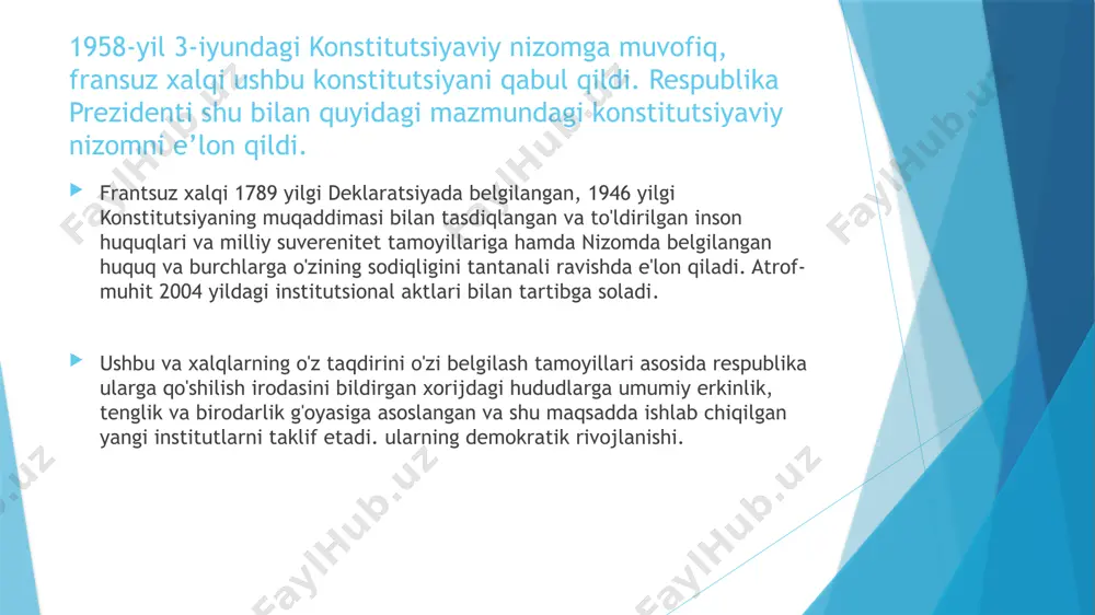 a konstitutsiyaviy kengash bilan maslahatlashadi har qanday holatta ham parlament uz urnida buladi milliy assambiliya ham qoladi u o’z doirasida tekshiruvlar qilishi mumkin. 17-modda:respublika prezidenti afv etish to’g’risidagi qarorni individual ravishda amalga oshirish huquqiga ega. 18-modda:respublika prezidenti parlamentning 2palatasi bilan muloqot yulga qoyishi mumkin yalpi majlisdan sung u palatalarni chaqirish huquqiga ega. 19-modda:8,11,12,16,18,54,56 va 61 moddalardan boshqa paytlarda president hujjatlarni bosh va zir va vazirlar imzolashi mumkin. iii bob:hukumat (20-23-moddalar) 20-modda:hukumat davlat siyosatini belgilaydi va amalga oshiradi. uning ixtiyorida davlat xizmati va qurolli kuchlar bo’ladi. 21-modda:hukumat faolyatiga bosh vazir rahbarlik qiladi. u o’zining ayrim vakolatlarini vazirlariga berishi mumkin u bazi vaziyatlarda qo’mita raisa sifatida prezident o’rinboosarlarini tayinlaydi 22-modda:bosh vazirning ayrim hujjatlari zarur paytlarda vazirlar tomonidan imzonilashi mumkin. 23-modda:hukumat azolari parlamentda lavozimni egallashi mumkin emas. parlament azolarini almashtirish 25-moddaga muvofiq buladi. iv bob:parlament(24-33-moddalar) 24-modda:parlament qonunlarmi qabul qiladi hukumat faolyatini nazorat qiladi davlat siyosatini baholaydi u milliy assambiliya va senatdan iborat 2 …