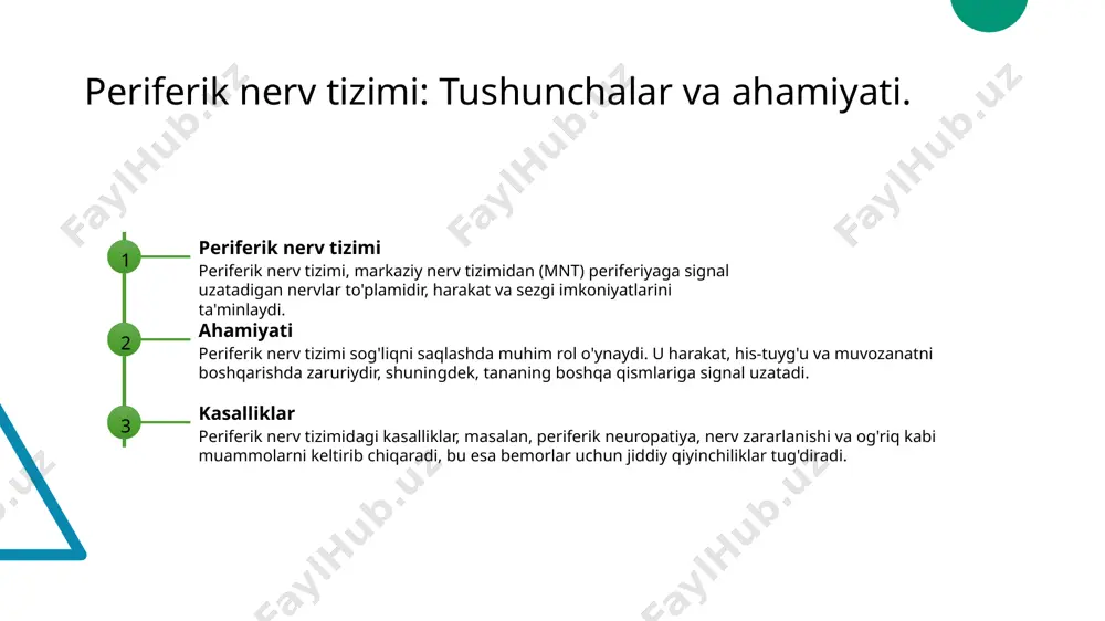 asalliklari. o‘zbekiston tibbiyot akademiyasi, 2020 3. yusupov, b. s. periferik nerv tizimining anatomiyasi va fiziologiyasi. tibbiyot fanlari, 2019 4. murodov, i. d. kasalliklar va ularning belgilari: periferik nerv tizimiga oid masalalar. o‘zbekiston tibbiyot jurnali, 2022 5. jumaniyozov, m. periferik nerv tizimi kasalliklari va ularning zamonaviy davolash usullari. xalqaro nevrologiya konferensiyasida ma’ruza, 2023 e'tiboringiz uchun rahmat! image1.jpeg image2.jpeg /docprops/thumbnail.jpeg