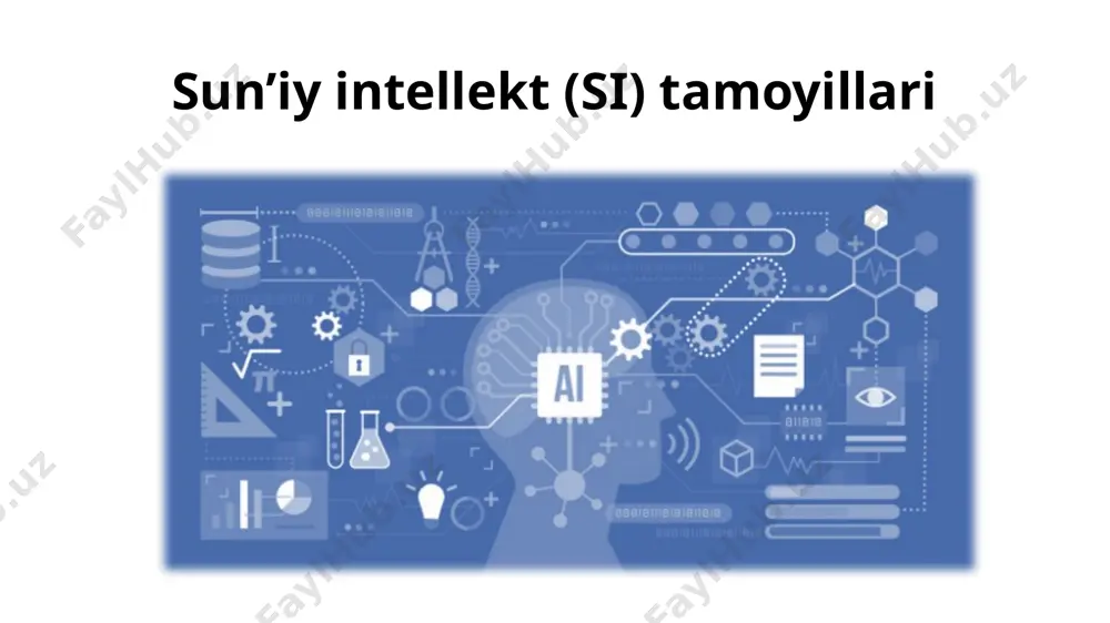 ayta ishlash qobiliyati (natural language interface system - ner); yomon tuzilgan, yomon rasmiylashtirilgan vazifalarni hal qilishga e'tibor qaratish (dasturiy modellarni amalga oshirish); noaniq va dinamik ma'lumotlar bilan ishlash qobiliyati; tizimni rivojlantirish va aniq vaziyatlarning to'plangan tajribasidan bilimlarni olish qobiliyati; aniq saqlanmaydigan, ammo ma'lumotlar bazasida mavjud bo'lganlardan olingan ma'lumotlarni olish va ulardan foydalanish qobiliyati; o'z harakatlarini tushuntirish qobiliyati, foydalanuvchining nosozliklari, ma'lumotlar yaxlitligi buzilishiga olib keladigan ba'zi holatlar haqida ogohlantirish. ai sohalari va ba'zi bog'liqliklar search qidiruv vision planning rejalashtirish machine learning knowledge representation bilimni taqdim etish logic mantiq expert systems robotics nlp natural language processing tabiiy tilni qayta ishlash sun’iy intellektni qo‘llanish sohalari ai qo'llanish sohalari robotic toys games transport tizimi avtonom tizimlar tibbiyot boshqa sohalarda… bioinformatika: gen ifodasi ma'lumotlarini tahlil qilish protein tuzilishini bashorat qilish matn tasnifi, hujjatlarni saralash: veb-sahifalar, elektron pochta yangilikdagi maqolalar video, tasvir tasnifi musiqiy kompozitsiya, rasm chizish tabiiy tilni qayta ishlash. idrok. foydalanilgan adabiyotlar: https://arxiv.uz/ru/documents/referatlar/informatika-va-at/hujjatlarni-saqlash-hujjatlarni-tahrirlash-hujjatlarni-chop-etish https://docx.uz/document/hujjatlarni-saqlash-tizimlari-evolutsiyasi-va-tavsifi-5ab79e2c?lang=uz …