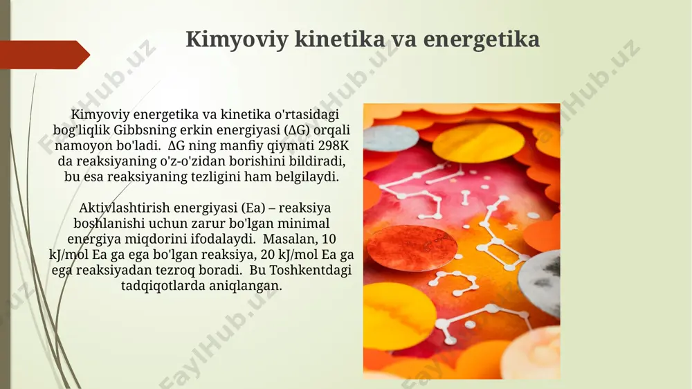5000 m balandlikdagi tog'lardan daryolarning oqishini, tushuntiradi. ikkinchi qonun, universal miqyosda qo'llaniladi, masalan, 25°c haroratdagi suvning bug'lanishi jarayonida entropiya o'sishi kuzatiladi va bu jarayon teskari yo'nalishda o'z-o'zidan sodir bo'lmaydi. entropiya va spontan jarayonlar 25°c da, 1 atm bosimda, reaksiya tezligi va entropiyaning o'zaro bog'liqligi, masalan, amsterdam universitetida o'tkazilgan tadqiqotlar natijalarida ko'rsatilgan. entropiya o'zgarishi 298 k haroratda 1 mol suvning bug'lanishi uchun +118,8 j/mol·k ga teng bo'lib, bu jarayonning spontanligini ko'rsatadi va gibbs erkin energiyasi kamayishini tasdiqlaydi. kimyoviy jarayonlar energetikasi tushunchasi fotosintez jarayoni, o'simliklarda 6co₂ + 6h₂o → c₆h₁₂o₆ + 6o₂ reaksiyasi orqali, quyosh energiyasini kimyoviy energiyaga aylantirib, yer yuzidagi hayotni ta'minlaydi. bu jarayonning samaradorligi 3-8% atrofida. kimyoviy jarayonlar energetikasi, masalan, 25°c da suvning bug'lanish issiqligi 44 kj/mol ni tashkil etadi va bu jarayonning termodinamik jihatdan o'rganilishini ko'rsatadi. hess qonuni gess qonuni yordamida murakkab reaksiyalar uchun standart hosil bo'lish entalpiyasini hisoblash mumkin, masalan, uglerod (c) va vodorod (h2) dan metan (ch4) …