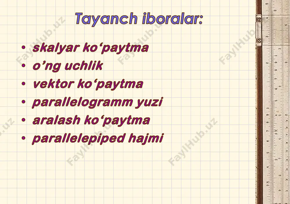 ektorning c vektorga skalyar ko’paytmasiga aytiladi va a b c ko’rinishda belgilanadi. bu ta’rifdan, agar a, b, c vektorlar uchligi komplanar bo‘lsa, ularning aralash ko‘paytmasi nolga tengligi kelib chiqadi ( ab  c ). aralash ko‘paytmaning xossalari :      1) ;a b c b c a c a b           2) ;a b c a b c     3) ;a b c a c b b a c c b a              4) , , komplana .0 ra b c a b c     , , ' ;0a b c a b oc ng uchlik     0 , .,a b c a b chap uchlic k     koordinatalari berilgan a (ax , ay …
