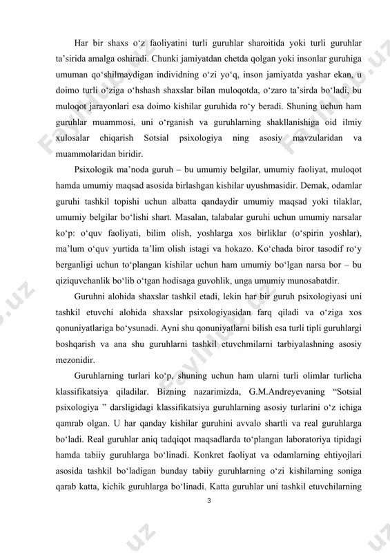 ing asosiy turlarini o‘z ichiga qamrab olgan. u har qanday kishilar guruhini avvalo shartli va real guruhlarga bo‘ladi. real guruhlar aniq tadqiqot maqsadlarda to‘plangan laboratoriya tipidagi hamda tabiiy guruhlarga bo‘linadi. konkret faoliyat va odamlarning ehtiyojlari asosida tashkil bo‘ladigan bunday tabiiy guruhlarning o‘zi kishilarning soniga qarab katta, kichik guruhlarga bo‘linadi. katta guruhlar uni tashkil etuvchilarning maqsadlari, fazoviy joylashishlari, psixologik xususiyatlariga qarab uyushgan va uyushmagan turlarga, kichiklari esa o‘z navbvtida endi shakllanayotgan – diffuz hamda taraqqiyotning yuksak pog‘onasiga ko‘tarila olgan jamoa turlariga bo‘linadi. guruhlarning sotsial psixologiya uchun ayniqsa muhim hisoblangan turlariga ta’rif berish va ularning psixologik qonuniyatlarini o‘rganishni maqsad qilib qo‘ygan holda, bevosita katta guruhlarning ijtimoiy-psixologik qonuniyatlarini o‘rganishga o‘tamiz. katta guruhlar psixologiyasiga xos xususiyatlar va ularni ilmiy tadqiq qilish prinsiplari. katta guruhlar kishilarning shunday birlashmalariki, undagi odamlar soni avvalo ko‘pchilikni tashkil etib, ma’lum sinfiy, ilmiy, irqiy, professional belgilar ularning shu guruhga mansubligini ta’minlaydi. katta guruhlarni tashkil etuvchilar ko‘p sonli bo‘lganligi va ular …