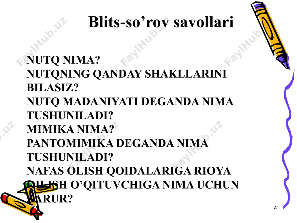 adi. yuqori ovoz o‘quvchilarni ham, o‘qituvchining o‘zini ham tez charchatib qo‘yadi. o‘qituvchi kasb kasalliklarining 40,2 foizini ovoz kasalliklari tashkil etadi. o’qituvchining nutq malakasini shakllantirish yo’llari tomoqni qurib qolishidan saqlash uchun mutaxassislar soda va yod eritmasi bilan halqumni chayqab turishni tavsiya etadilar. quyidagi maslahatlar ham o‘qituvchilarga foydali: 1. bir xil tonda gapirish ovoz muskullarini charchatib qo‘yadi. agar har xil, ifodali belgilar bilan gapirilsa, ovoz apparatlari sog`lom bo‘ladi. 2. bo‘r-melning mayda changlari ovoz paylari uchun juda ham zararli, doimo doskani ho‘l latta bilan artish kerak. 3. dars bergandan so‘ng, agar havo sovuq bo‘lsa, tez yurmaslik kerak. chunki, sovuq havo xalqumni yallig`lantiradi. o‘quvchilarning o‘qituvchi nutqini yaxshi idrok etishlari uchun o‘qituvchi tovush, so‘zlarni aniq va ifodali talaffuz qilishi kerak. tovush, bo‘g`in va so‘zlarni to‘g`ri talaffuz qilishda ovoz apparati: lablar, til, tish, jag`lar, tanglay, kichik til, halqum, ovoz paylari qatnashadi. nutqdagi organik kamchiliklarni jarrohlik va logopedik uslublar bilan bartaraf etish mumkin. noorganik kamchiliklar esa: to‘ng`illab …
