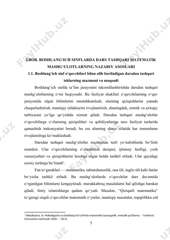 riy startlar” sport musobaqasida o‘quvchilar jamoa bo‘lib turli yo‘nalishlardagi sport mashqlarini bajaradilar[footnoteref:2]. [2: abduqulova, s. m. boshlang‘ich sinflarda o‘qitishning zamonaviy metodlari. – samarqand: samdu nashriyoti, 2019. – 146 b.] ijtimoiy foydali mehnat mashg‘ulotlari — bu faoliyat shakllari o‘quvchilarda mehnatga muhabbat, tabiatga e’tibor, jamoaviy mas’uliyat, o‘z maktabi va sinfiga nisbatan g‘amxo‘rlik tuyg‘ularini rivojlantiradi. masalan, sinf gulxonasiga g‘amxo‘rlik qilish, maktab bog‘ida ko‘chat ekish, kutubxonada kitob sahifalarini tiklash kabi amaliy ishlarda o‘quvchilar ishtirok etadi. ijtimoiy va axloqiy faoliyat mashg‘ulotlari — ular o‘quvchilarning axloqiy mezonlarini shakllantirish, insoniy munosabatlar, muloqot madaniyati, ota-onaga, yurtga bo‘lgan sadoqatni oshirishga yo‘naltirilgan. “mehr-oqibat” haftaligi, “qariyalar kuni”dagi chiqishlar, “do‘stlik darsi” kabi tadbirlar bunga misol bo‘la oladi. ushbu mashg‘ulotlarning barchasi ta’lim-tarbiya jarayonida muhim pedagogik vazifalarni bajaradi. avvalo, ular ta’limiy vazifani bajaradi — ya’ni o‘quvchilarning bilimlarini chuqurlashtiradi, fanga bo‘lgan qiziqishini oshiradi, mustaqil fikrlash va izlanishga undaydi. ikkinchi vazifa — tarbiyaviy bo‘lib, o‘quvchilarda ijtimoiy xulq, jamoada ishlash, intizom, hurmat va madaniy muomala ko‘nikmalarini shakllantiradi. …