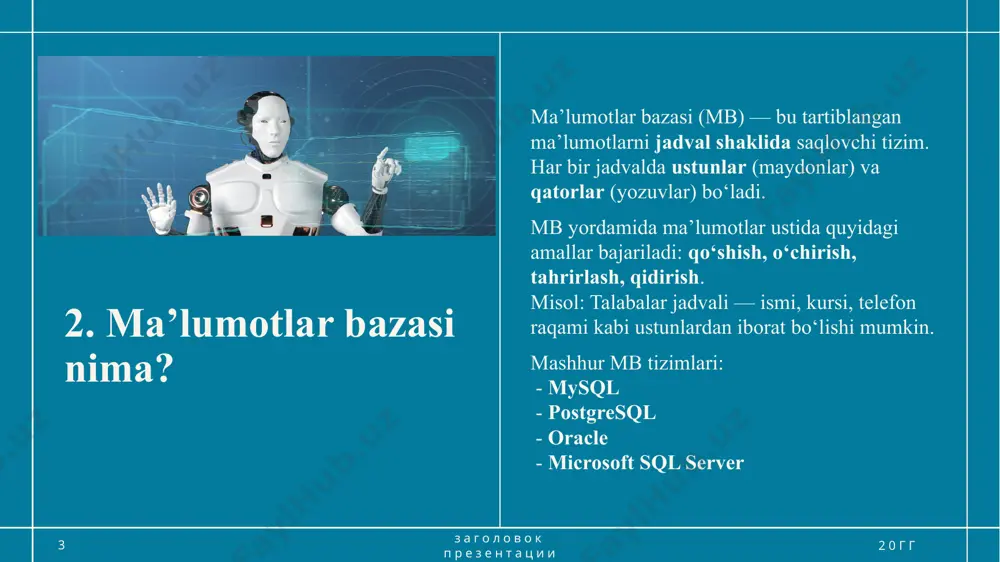hlatish oson. . qidiruv funksiyasi orqali kerakli talabani tez topish mumkin. bu kabi oddiy dastur mb va foydalanuvchi o‘rtasidagi aloqa qanday ishlashini yaxshi tushunishga yordam beradi. 8 8. afzalliklari ma’lumotlar bazasiga ulangan foydalanuvchi dasturlari bir nechta muhim afzalliklarga ega. eng avvalo, barcha ma’lumotlar yagona joyda to‘planadi va bu ularni boshqarishni osonlashtiradi. dastur foydalanuvchiga qulay interfeys orqali kerakli funksiyalarni sodda va tez bajarish imkonini beradi. shuningdek, foydalanuvchi ma’lumot qo‘shish, tahrirlash yoki o‘chirish amallarini aniq va tez bajarishi mumkin. avtomatik nazorat va xatoliklar oldini olish funksiyalari tufayli noto‘g‘ri kiritilgan ma’lumotlar soni kamayadi. bu esa umumiy tizim ishonchliligini oshiradi. yana bir muhim jihati — xavfsizlik. ma’lumotlar bazasi parollar, huquqlar va himoya qatlamlari orqali ruxsatsiz kirishlardan himoyalangan bo‘ladi. 9 9. kamchiliklari 1 dastur yaratish uchun dasturlash va ma’lumotlar bazasi bo‘yicha yetarli bilim va ko‘nikmalar talab etiladi. 2 texnik nosozliklar – server ishdan chiqishi, tarmoq uzilishi yoki dasturiy xatoliklar tizimga salbiy ta’sir qiladi. 3 ma’lumotlarning …