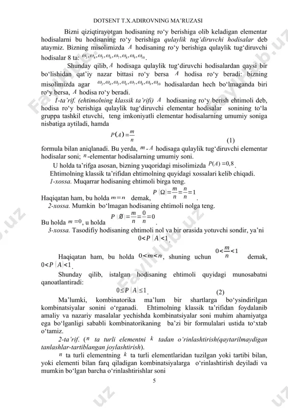 rb” tushdi va “raqam” tushdi hodisalari birgalikda bo‘lmagan hodisalardir. o‘yin kubigi tashlandi. bunda to‘plamda 6 ta elementar hodisa bo‘lib, ular birgalikda bo‘lmagan hodisalardir. 1, 2, 3, 4-misollardagi elementar hodisalar ham birgalikda bo‘lmagan hodisalardir. agar tajriba natijasida bir nechta hodisalardan bittasi va faqat bittasiing ro‘y berishi muqarrar hodisa bo‘lsa, u holda bu hodisa yagona mumkin bo‘lgan hodisa deyiladi. agar bir nechta hodisalardan birining ro‘y berish imkoniyati boshqalariga nisbatan yuqoriroq deyishga asos bo‘lmasa, ular teng imkoniyatli hodisalar deyiladi. yuqoridagi 5-misolda “gerb” tushdi va “raqam” tushdi hodisalari teng imkoniyatli hodisalardir. bu tasdiq 1, 2, 3, 4, 6-misoldagi har bir elementar hodisa uchun ham o‘rinli. agar tajriba natijasida hodisalar to‘plamidan hech bo‘lmaganda bittasi albatta ro‘y bersa va ular juft-jufti bilan birgalikda bo‘lmasa, u holda bu hodisalar to‘plami to‘la gruppa tashkil etadi deyiladi. yuqoridagi 5-misoldagi “gerb” tushdi va “raqam” tushdi hodisalari to‘la gruppa tashkil etadi. xuddi shu fikrni 1, 2, 3, 4, 6-misollardagi hodisalar to‘plamiga …