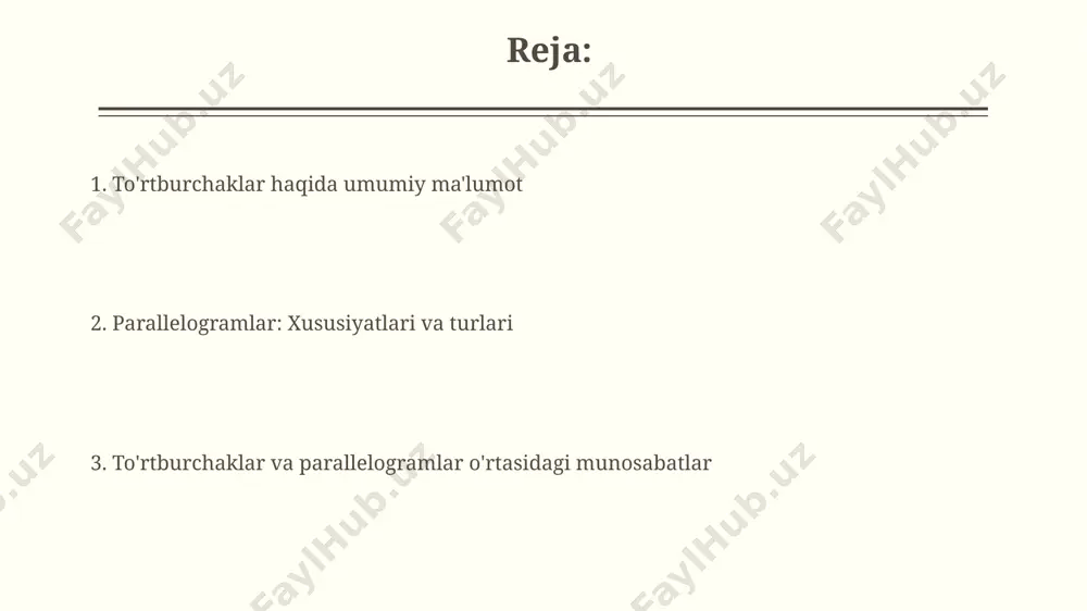 elogram. uning diagonallari teng uzunlikka ega, ammo ular o'zaro perpendikulyar emas, lekin 2 juft parallel tomonlarga ega. ma'lumot parallelogramning turlari kvadrat: kvadrat - ham romb, ham to'rtburchak bo'lgan parallelogrammdir. demak, uning barcha 4 ta tomoni teng va barcha 4 ta burchagi to'g'ri burchak (90 daraja). kvadrat - parallelogrammning eng maxsus turidir. romb: romb - barcha 4 ta tomoni teng bo'lgan parallelogrammdir. uning diagonallari o'zaro perpendikulyar bo'lib, ichki burchaklarini teng ikkiga bo'ladi. har bir romb - bu parallelogramm, lekin har bir parallelogramm romb emas. e'tiboringiz uchun rahmat @taqdimot_robot image2.jpg image3.jpg image4.jpg image5.jpg image6.jpg image7.jpg image8.jpg