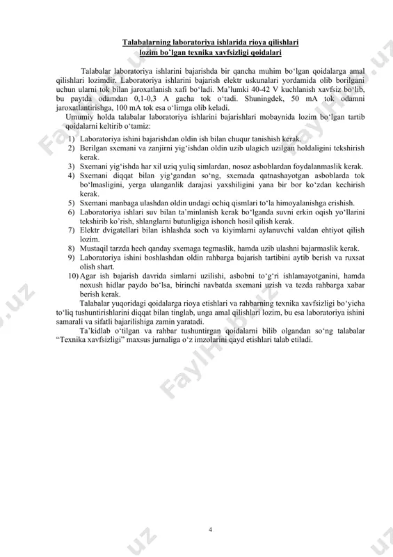 haroratni ikki turdagi shkalasi: termodinamik va amaliy harorat shkalalariga amal qilinadi. bu shkalalar haroratni 0,01 k dan 10000 k gacha o‘lchashni bir xilligini ta’minlash uchun mo‘ljallangan. haroratni o‘lchov birligi kelvin (k) bo’lib k harfi kelvin nomi o‘rniga ishlatiladi. haroratni “gradus” selsiy (c) o‘lchov birligi qo‘llanilishiga ham ruxsat etilgan. kelvinda ifodalangan harorat t bilan gradus selsiyda ifodalangan harorat (c o‘rtasida quyidagi bog‘liqliklar o‘rnatilgan. t k = t oc + 273,15 haroratni o‘lchash uslublari haroratni o‘lchash uchun o‘lchovchi moddalarning qaysi fizik xususiyatlari haroratni aniqlash uchun foydalanilishiga qarab tasniflanadi. barcha uslublar ikki asosiy guruhga bo‘linadi, ularning har biri o‘z navbatida bo‘linmalarga ega. i – guruh. bevosita uslublar (bevosita tegib turuvchi uslublar). - o‘lchovchi modda o‘lchanayotgan tizim (muhit yoki jism) bilan bevosita aloqadorlikka olib kelinadi va ular ham quyidagilardan iborat bo‘ladi: sinf a. o‘lchovchi moddalrning issiqlikdan kengayishiga asoslangan uslublar: a) qattiq jismlarni; b) suyuqliklarni; d) gazlarni. sinf b. elektr qarshilik termometrlari; sinf. v. termoelektrik …
