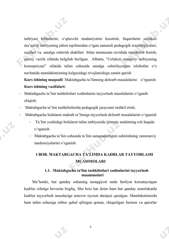 ’qitiladigan fan ushbu faoliyat markazi bilan bog’liq amaliy (metodik) faoliyatning uchdan bir qismiga oid ehtiyojlarni qoplay oladi. 2. maktabgacha ta’lim tashkilotlaridagi mashg’ulotlarning ikkinchisi syujetli-rolli va sahnalashtirish markazi bo’lib, unga otmlardagi hozirlik metodik jihatdan 1-kursning 1- semestrida, 2-kursning 3-semestrida o’qitildigan bolalarni sahnalashtirish va ijodiy faoliyatga o’rgatish fani orqali amalga oshiriladi. fan nomlanishiga ko’ra faoliyat markazidagi mashg’ulotga bo’lajak tarbiyachi bo’lmish talabalarni tayyorlashga mos keladi va shu fandan dars beradigan mutaxassislar fikricha, namunaviy dasturda keltirilgan mavzular bu maqsad uchun kifoya qiladi. 3. maktabgacha ta’lim tashkiloti ta’lim-tarbiya jarayonidagi uchinchi faoliyat markazi nutq va til markazi sanaladi. ushbu faoloyat markazidagi mashg‘ulotlarga talabalarni metodik tayyorlash uchun ikki fan joriy qilingan. birinchisi, bolalar nutqini o‘stirish” fani 2- kursning 3-va 4-semestrlarida, ikkinchisi, “maktabgacha ta’limda savod o‘rgatish” (tanlov fan) 3-kursning 5-semestrida o‘qitiladi. mazkur faoliyat markazi ta’limning keyingi bosqichi bo‘lmish maktab ta’limidagi ona tili va adabiyot fanlari uchun “xamirturush” vazifasini o‘taydi. nomlanishidan bu ikki fan asosan ona tili uchun zamin …