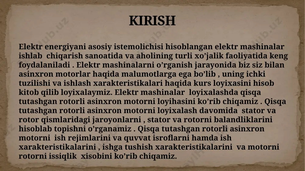 t yuklama va magnit induksiyani aniqlash tish bo’linmasining chegaraviy qiymatlarini 3-rasmdan va bo’lishi mumkin bo’lgan tishlar soni oralig’ini aniqladim: tz1max=16 mm va tz1min=14 mm. bu qiymatlar yordamida stator pazlarini aniqlab oldim z = 24 ta . bu punktida asosan pazdagi oʻramlar sonini w=112 , elektromagnit yuklama a=25,2* a/m , mashina hovo oraligʻini magnit oqimini =9,6* vb va magnit induksiyalarni =0.725 tl hisobladim . stator choʻlgʻamidagi tok zichligini j1=3,86*10⁶ a/m² . stator cho’lg’ami pazlari, o’ramlari soni va kesm yuzalarini tish qatlami va xavo oralig’i o’lchamlarini aniqlash 3-rasm . tish boʻlinmasining chegaraviy qiymatlari stator tishining kengligi bz1=12,206 mm , stator pazining balandligi hp= 44,509mm va motorni statorini yuqori b1=6 mm va pastki tomoni uzunligi b2=5,45 mm , choʻlgʻam joylashdigan balandlik ha=19,99 mm va simlar joylashi uchun pazning koʻndalang kesim yuzasini s’p= 558,9 mm² boʻldi. stator cho’lg’ami pazlari, o’ramlari soni va kesm yuzalarini tish qatlami va xavo oralig’i o’lchamlarini aniqlash ish rejimlari parametrlarini …