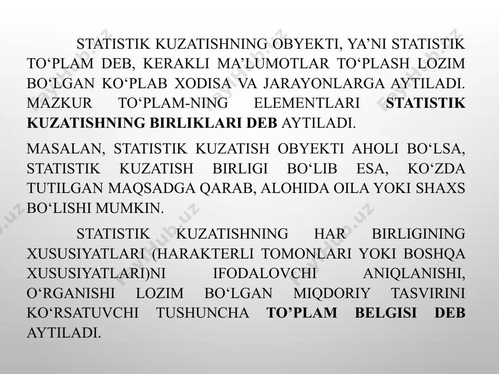 hga jalb qilinadi. qisman kuzatish to’rtta turga bo’linadi anketa orqali kuzatish monografik tasvirlash asosiy massivni kuzatish tanlab kuzatish savollar yozil-gan varaqalar kuzatish birlik-lariga tarqati-lib, ular to’ldi-rilgandan so’ng yig’ishtirib oli-nadi va umum-lashtiriladi. bunda to’plam-ning bir bo’lagi-ni har tomonla-ma va chuqur o’rganish tushuniladi. o’rganilayotgan belgi umumiy hajmining o’zga-rishiga olib ke-ladigan eng sal-moqli o’rin tut-gan birliklar aj-ratib olib o’rga-niladi. bu kuzatishda bosh to’plam-dan bir qismi-ni tanlab olib tekshirish tu-shuniladi. 3. statistik kuzatishning dasturiy-uslubiy va tashkiliy masalalari statistik kuzatishni tashkil qilish va uni o’tkazishda qo’pol xatolarga yo’l qo’yilsa, statistik kuzatish natijalarining samaradorligi pasayadi. shuning uchun ham bu murakkab ishni boshlashdan oldin har tomonlama muhokama va ekspertiza qilingan kuzatish rejasini tuzish zarur. statistik kuzatish rejasi dasturiy-uslubiy va tashkiliy masalalarni o’z ichiga oladi. statistik kuzatishning dasturiy-uslubiy masalalari quyidagilardan tashkil topadi kuzatish maqsadi va vazifalari kuzatish dasturi kuzatish obyekti kuzatish birligi kuzatish formulyari yo’riq-noma har bir ish-ni qilishdan oldin aniq maqsad va vazifalarni keltirib o’t-ish kerak bu …