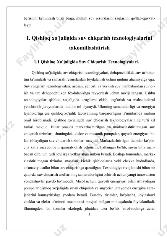 da suv ta'minoti yaxshilanadi, bu esa aholining umumiy hayot sifatini oshiradi. umuman olganda, qishloq xo'jaligida suv chiqarish texnologiyalari sohasida olib borilayotgan tadqiqotlar va innovatsiyalar qishloq xo'jaligini barqaror rivojlantirishda muhim rol o'ynaydi. ushbu texnologiyalarning samaradorligini oshirish va ularni ekologik jihatdan toza qilish orqali qishloq xo'jaligida suv resurslaridan oqilona foydalanishni ta'minlash mumkin. qishloq xo‘jaligida suv chiqarish texnologiyalari, suv resurslaridan samarali foydalanish va ishlab chiqarish jarayonlarini optimallashtirishda muhim ahamiyatga ega. suv, o‘simliklarning o‘sishi va hosil olish jarayonida asosiy resurs bo‘lib, uning to‘g‘ri va tejamkor ishlatilishi, yerning unumdorligini oshirish va qishloq xo‘jalik mahsulotlarining sifatini yaxshilashga yordam beradi. birinchi va eng keng tarqalgan texnologiya – tomchilatib sug‘orish tizimi. bu usulda suv o‘simliklarning ildizlariga to‘g‘ridan-to‘g‘ri yetkaziladi. tomchilatib sug‘orish, suvni isrof qilmasdan, har bir o‘simlik uchun zarur miqdorda suvni ta'minlaydi. ushbu texnologiya suvni samarali tejashga, tuproqning sho‘rlanishini kamaytirishga, o‘simliklarning yaxshi o‘sishiga yordam beradi. bundan tashqari, tomchilatib sug‘orish tizimi kamroq energiya sarfini talab qiladi va uni avtomatlashtirish mumkin, …