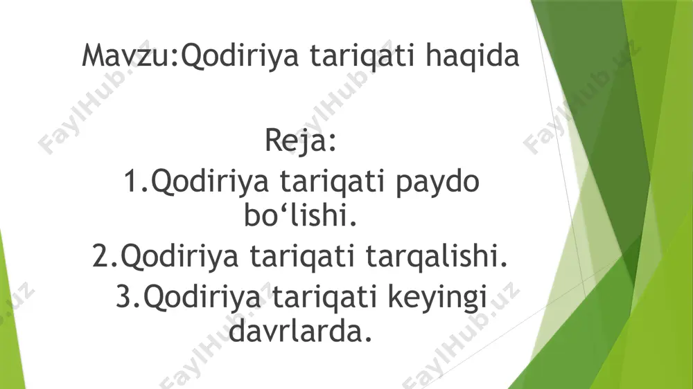 hiqarmasdan alohida holda hamda baland ovozda umumiy zikr tushishgan.. foydanilgan adabiyotlar. 1.alimova m. tasavvufda pir va murid munosabatlari // ilmiy-tahliliy axborotnoma. 1/2003. –t.: tiu, 2003-yil. 2. mu’ozidiy, doktor xoshi’. kitab min ba’d ansobil arab. 2 j. (arab yozuvida) – bag‘dod: dorul roshid nashriyoti, 1997-yil. 3. juzjoniy, abdulhakim sha’riy. tasavvuf va inson – t.: adolat, 2001. – 192 b. 4. islam: ensiklopedicheskiy slovar. – m.: nauka, 1991. – 315 c. 5. usmon turar. tasavvuf tarixi. – t.: istiqlol, 1999. – 180 b. e‘tiboringiz uchun rahmat...! image1.jpeg image2.jpeg image3.jpeg /docprops/thumbnail.jpeg