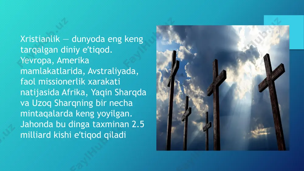 larni keng izzat-hurmat qilish qabul qilingan. katoliklar “siyosatdan yuqori” turuvchi uchinchi kuch deb ta’riflanadi. katoliklikning protestantlikdan farqi shundaki, u faqat muqaddas kitob - bibliyanigina emas, balki “muqaddas rivoyat”ni ham diniy ta’limotning manbai deb hisoblaydi. bundan tashqari, “muqaddas rivoyat”ga katolik cherkovlari, jahon soborlarining qarorlari va papaning fikrlari ham qo’shilgan. pravoslaviye xristianlikning uch asosiy mazhabidan biridir. avval aytib o’tilganidek, g’arbiy rim imperiyasi qulagandan keyin, 1054 - yilda xristian dini ikki asosiy cherkovga - katolik (g’arbiy) cherkoviga va pravoslaviye (sharqiy) cherkoviga bo’linib ketdi. pravoslaviye dastlab vizantiya imperiyasining davlat dini bo’lgan. konstantinopol patriarxi, rim papasidan o’rnak olib, butun pravoslaviye cherkovining rahbari bo’lib olish uchun kurashgan pravoslaviye cherkovidan biri bo’lgan rus cherkovining boshlig’i - mitropolit konstantinopol patriarxi tomonidan tayinlangan. shundan keyin rus mitropolitligi 1598 - yilda rus patriarxligiga aylantirilgan. uning rahbariga esa moskva va butun rus patriarxi degan unvon berilib, rus cherkovi konstantinopol cherkovi bilan tenglashtirilgan. xvii asrning ikkinchi yarmida patriarx nikon pravoslaviye cherkovi islohotini …
