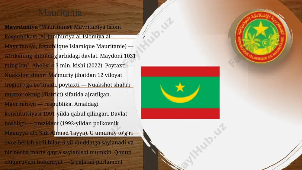 t korxonalarining aksariyati nuakshot shahrida joylashgan. koʻpchilik aholi band boʻlgan qishloq xoʻjaligi zaif. uning asosiy tarmogʻi — koʻchmanchi va yarim koʻchmanchi chorvachilik. qoramol, tuya, qoʻy, echki, eshak, ot boqiladi. baliq va dengiz jonivorlari ovlanadi. senegal daryosi boʻyida va vohalardagina dehqonchilik qilinadi. hududining 2/5 qismi yaylov. 9 10 asosiy oziq-ovqat ekinlari: tariq, oq joʻxori, makkajoʻxori, batat, dukkaklilar, sholi, yer yongʻoq, xurmo va boshqa akatsiya daraxtining muayyan turlaridan ajralib chiqadigan yopishqoq modda — gummiarabik (arab yelimi) eksport ahamiyatiga ega. tez-tez boʻlib turadigan qurgʻ-oqchilik qishloq xoʻjaligiga katta zarar yetkazadi. temir yoʻllari uz. —0,7 ming, avtomobil yoʻllari uz. —8 ming km dan ortiq. asosiy dengiz portlari va xalqaro aeroportlari — nuakshot va nuadibu. senegal daryosining quyi oqimida kema qatnaydi. mavritaniyadan chetga temir rudasi, oltin, gips, baliq va baliq mahsulotlari, chorva, teri va boshqa chiqariladi. mavritaniyaga chetdan sanoat mollari, neft mahsulotlari, mashina va uskunalar, oziq-ovqat keltiriladi. tashqi savdoda fransiya, italiya, buyuk britaniya, yaponiya, germaniya, aqsh, …